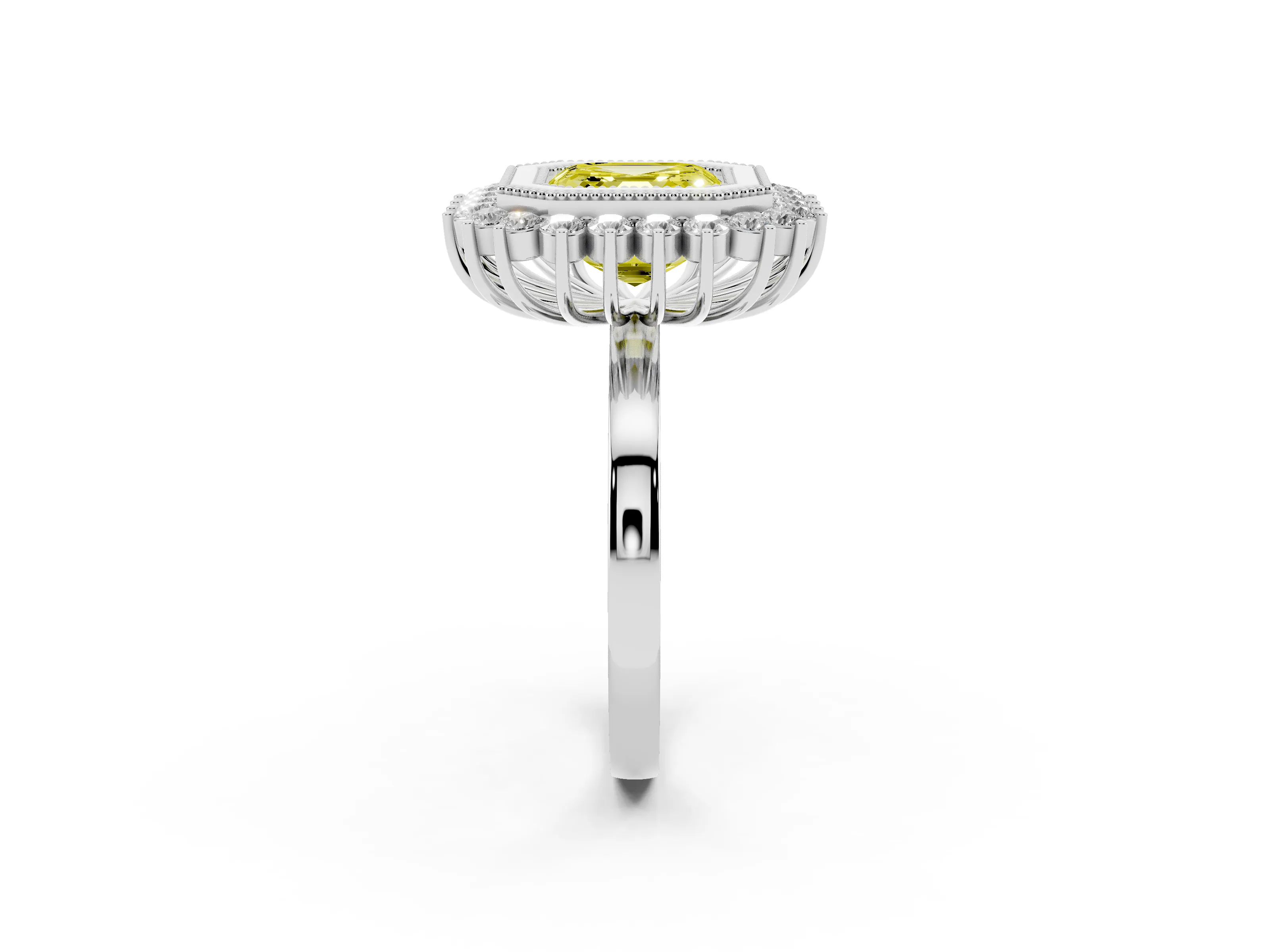 Fancy Yellow Asscher Cut Diamond Halo Ring Set in Silver with Milgrain Edge and Round Prong Setting