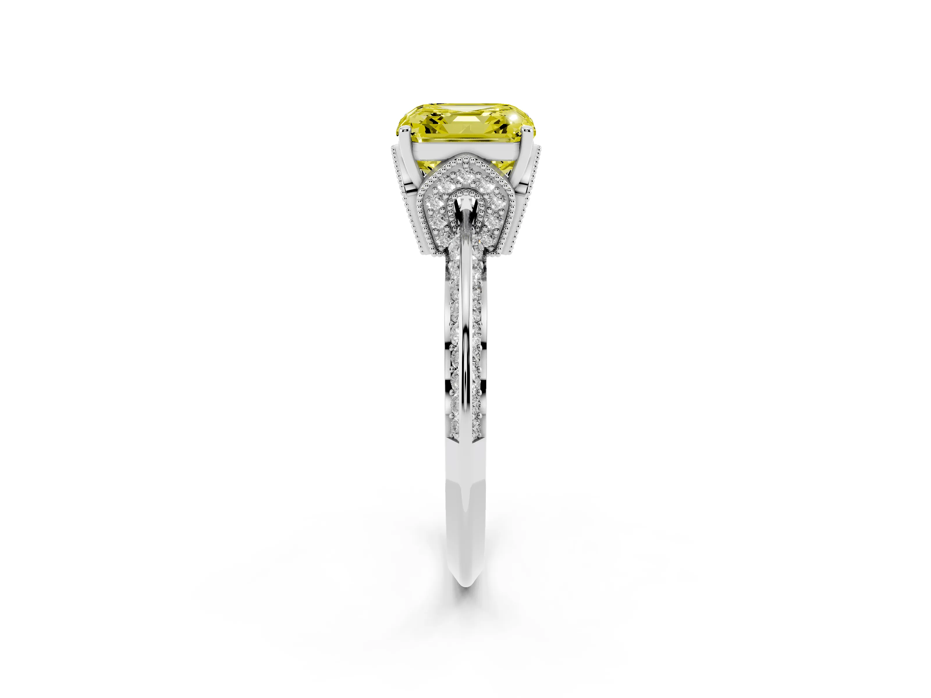 Fancy Yellow Asscher Cut Diamond Solitaire Engagement Ring Set in Platinum with Pavé Split Shank and Prong Setting