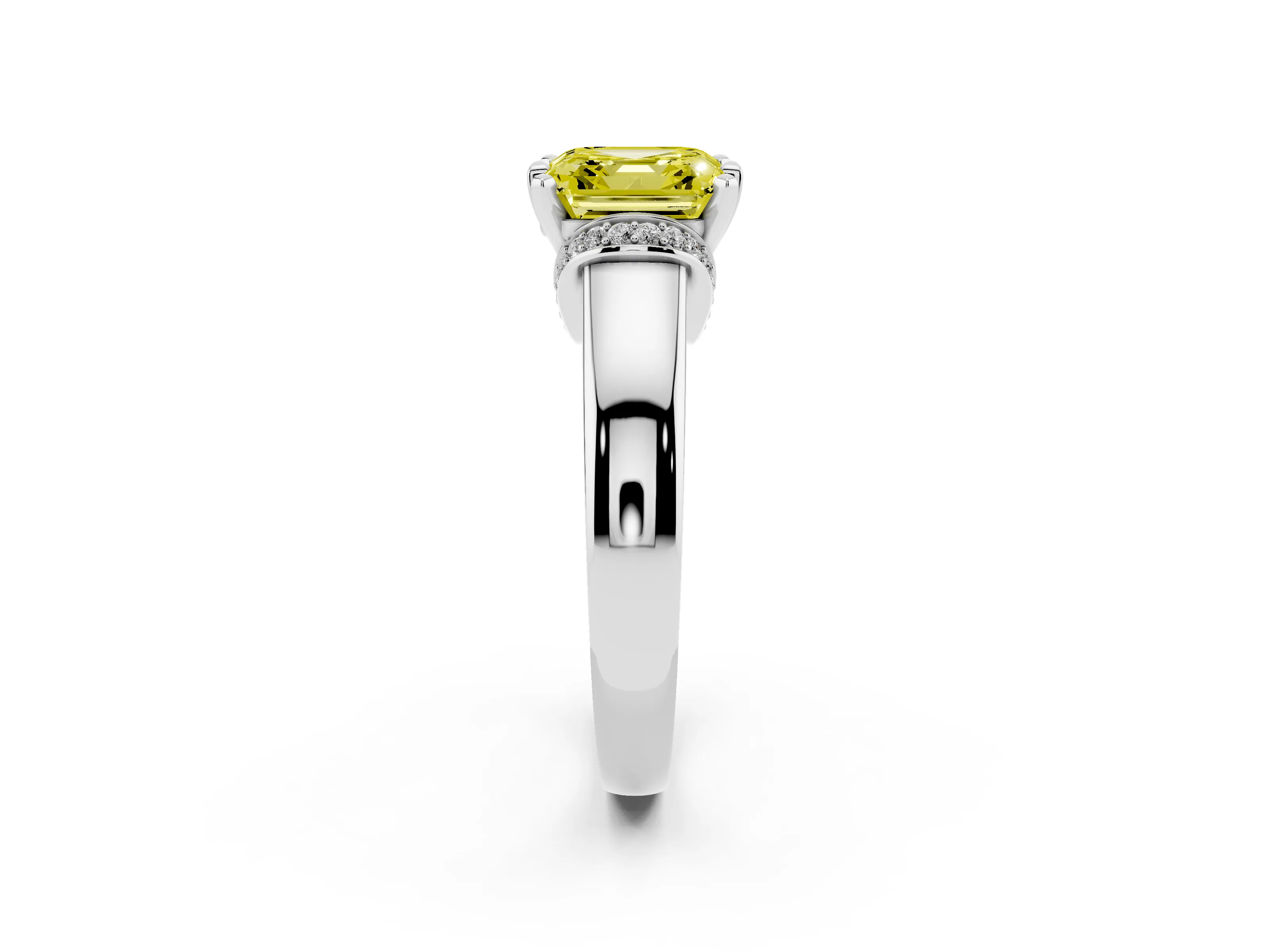 Fancy Yellow Asscher Cut Diamond Pavé Band Solitaire Ring Set in Silver with Prong Setting