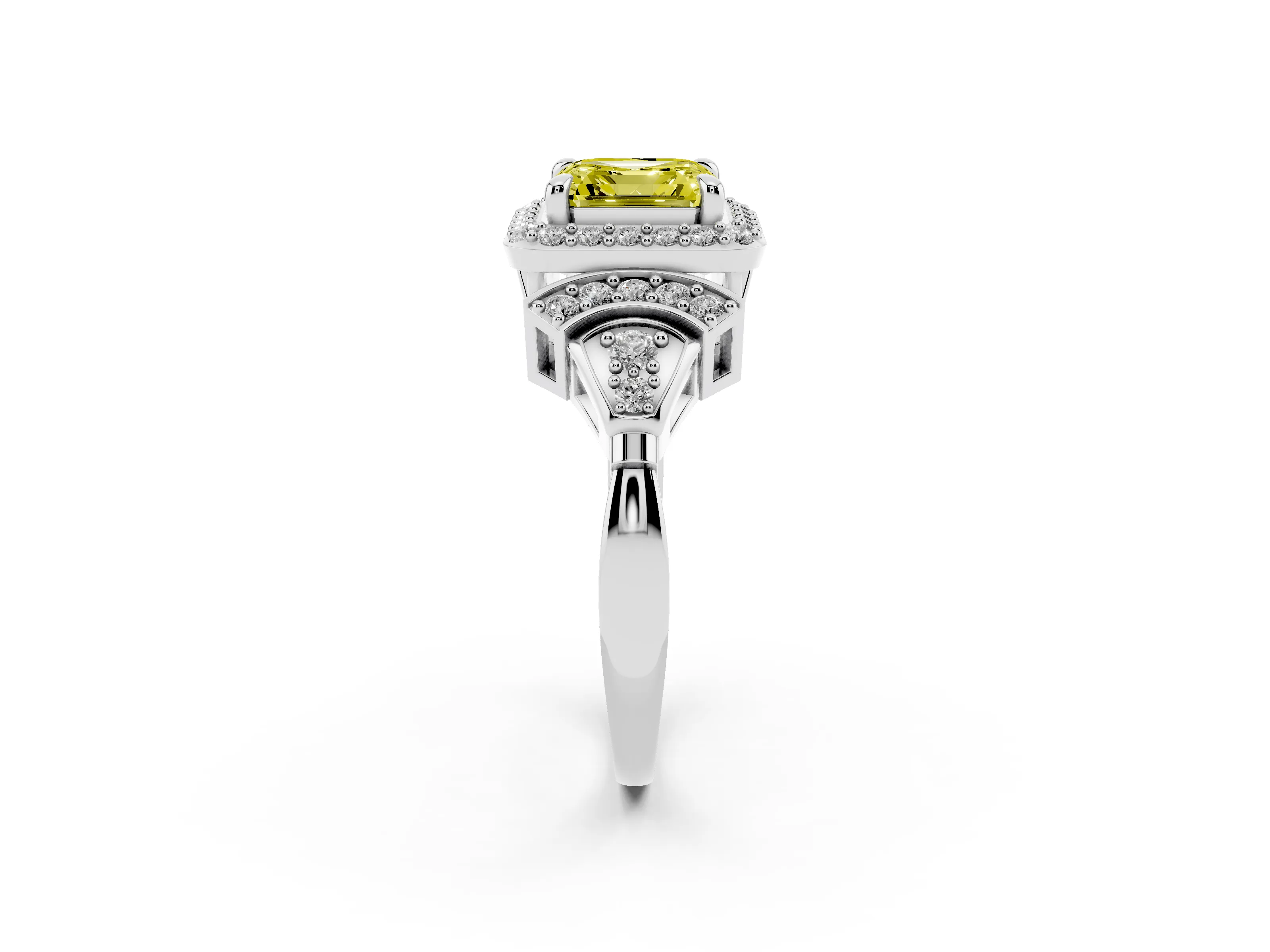 Fancy Yellow Asscher Cut Diamond Halo Engagement Ring Set in Platinum with Accent Stone Split Shank
