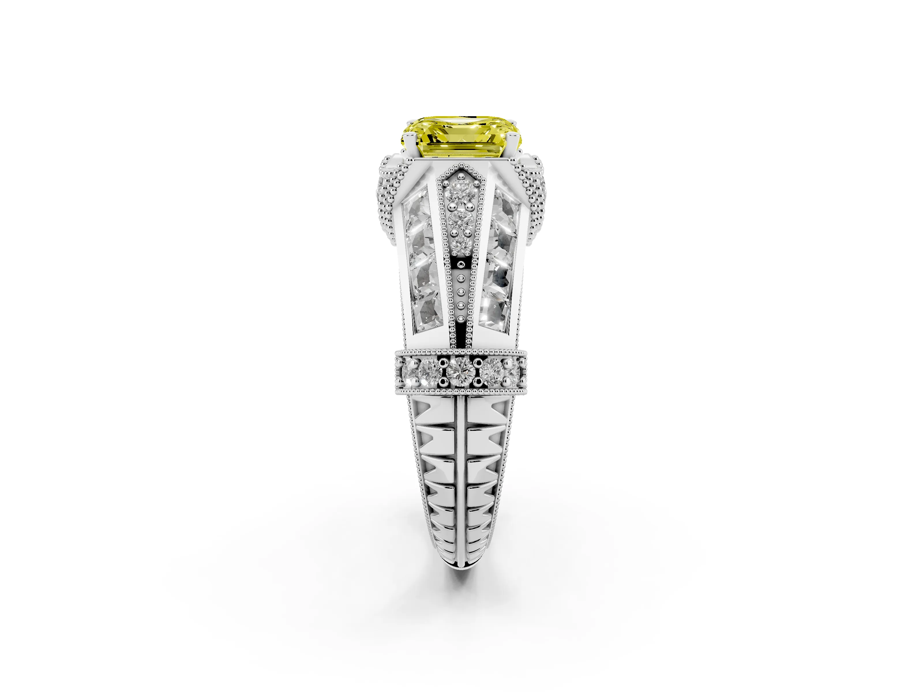 Fancy Yellow Asscher Cut Diamond Vintage-Inspired Milgrain Ring Set in Platinum with Accent Split Shank