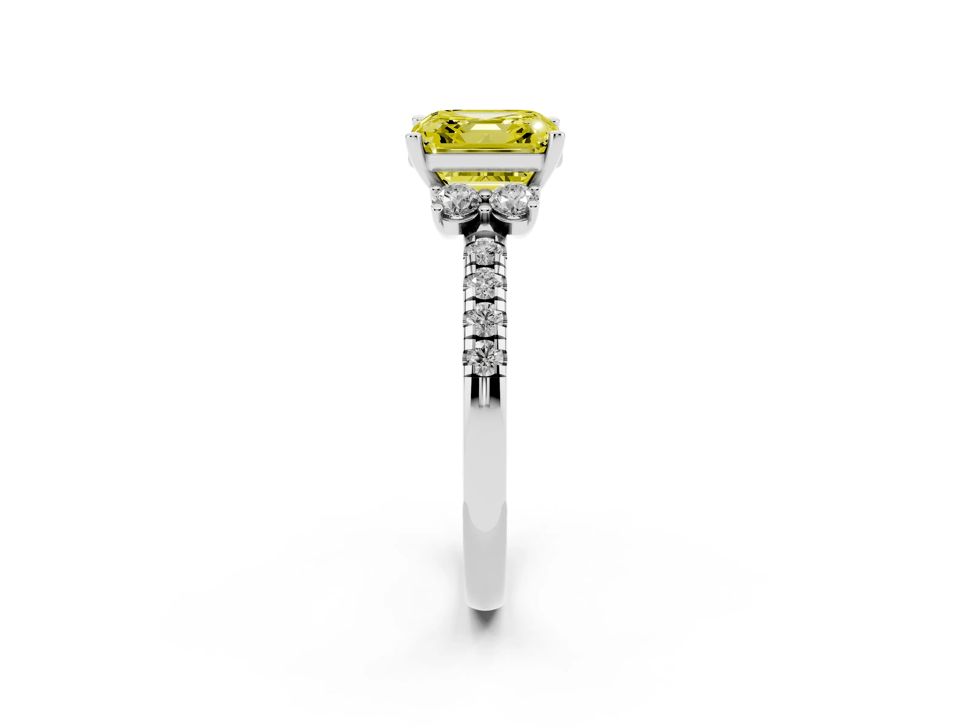 Fancy Yellow Asscher Cut Diamond Three-Stone Pavé Ring Set in White gold with Prong Setting