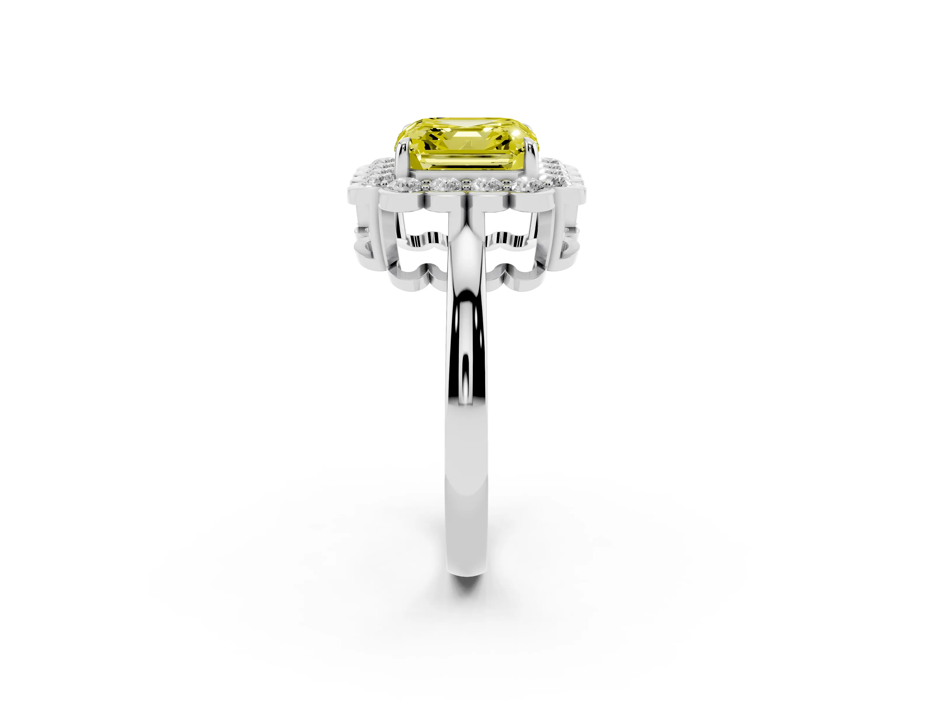 Fancy Yellow Asscher Cut Diamond Halo Cluster Engagement Ring Set in Platinum with Solitaire Band and Prong Setting