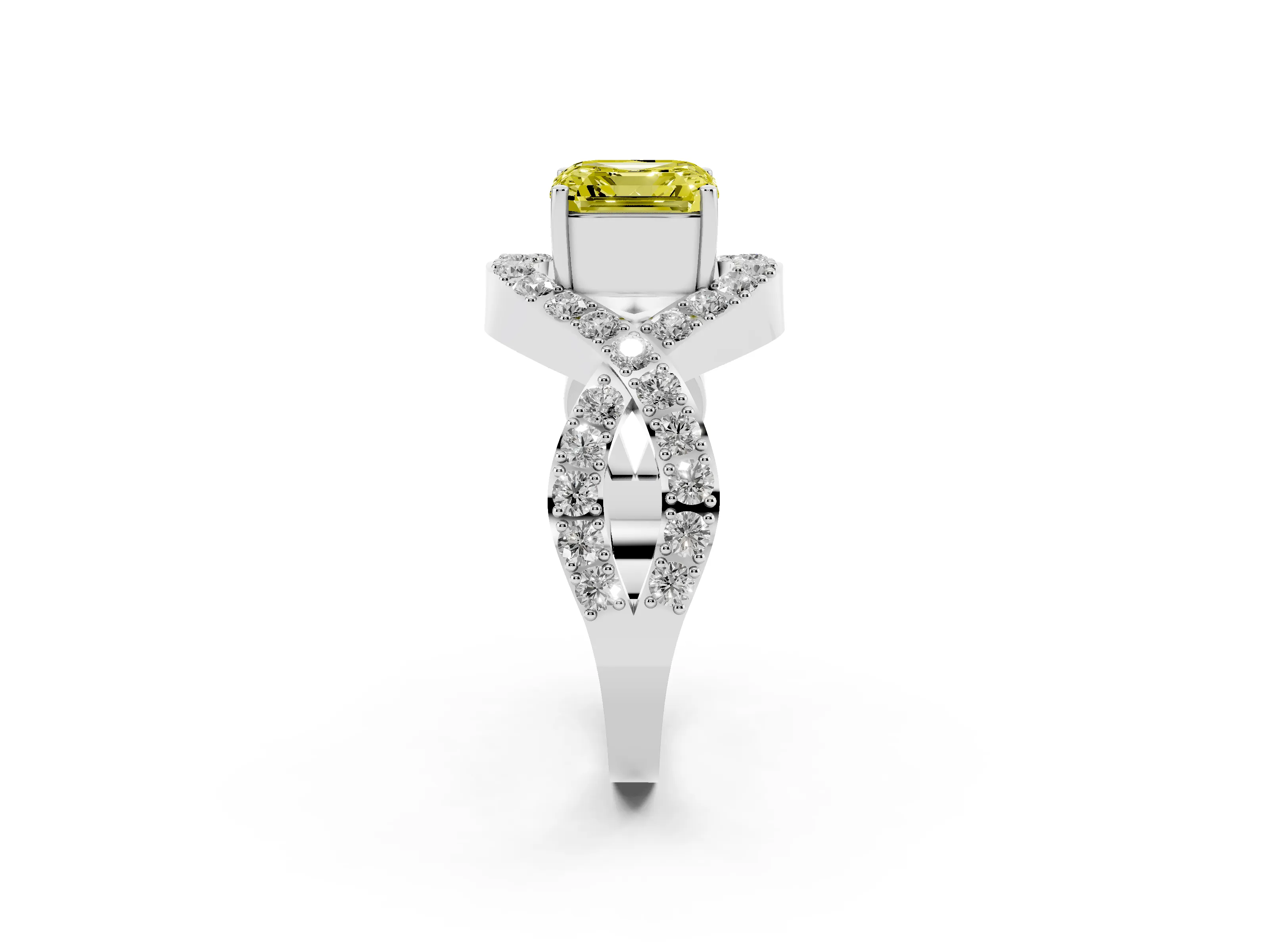 Fancy Yellow Asscher Cut Diamond Solitaire Twist Band Pavé Engagement Ring Set in Silver