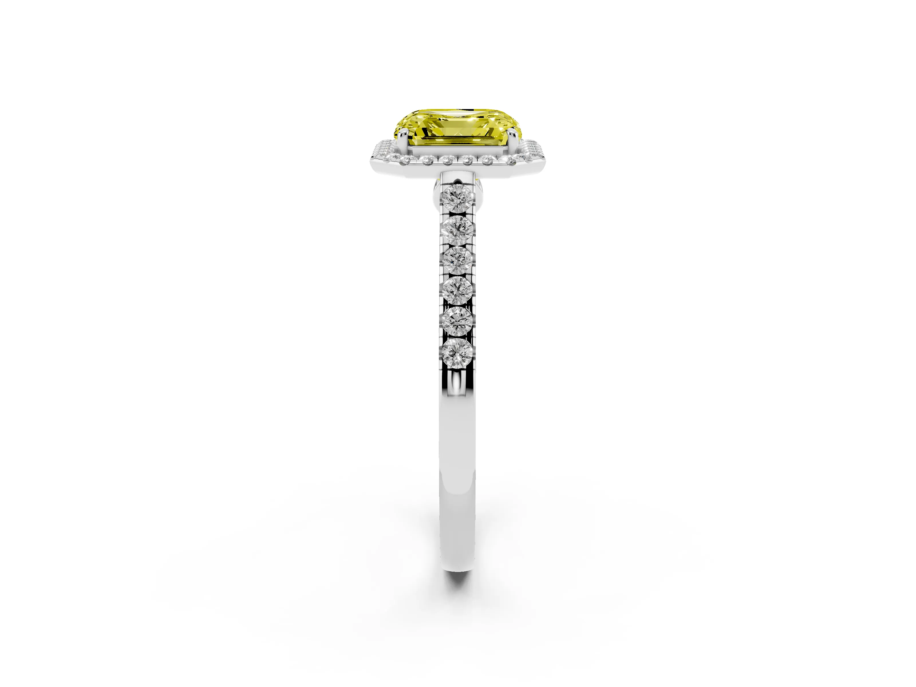 Fancy Yellow Asscher Cut Diamond Halo Pavé Engagement Ring Set in White gold with Prong Setting