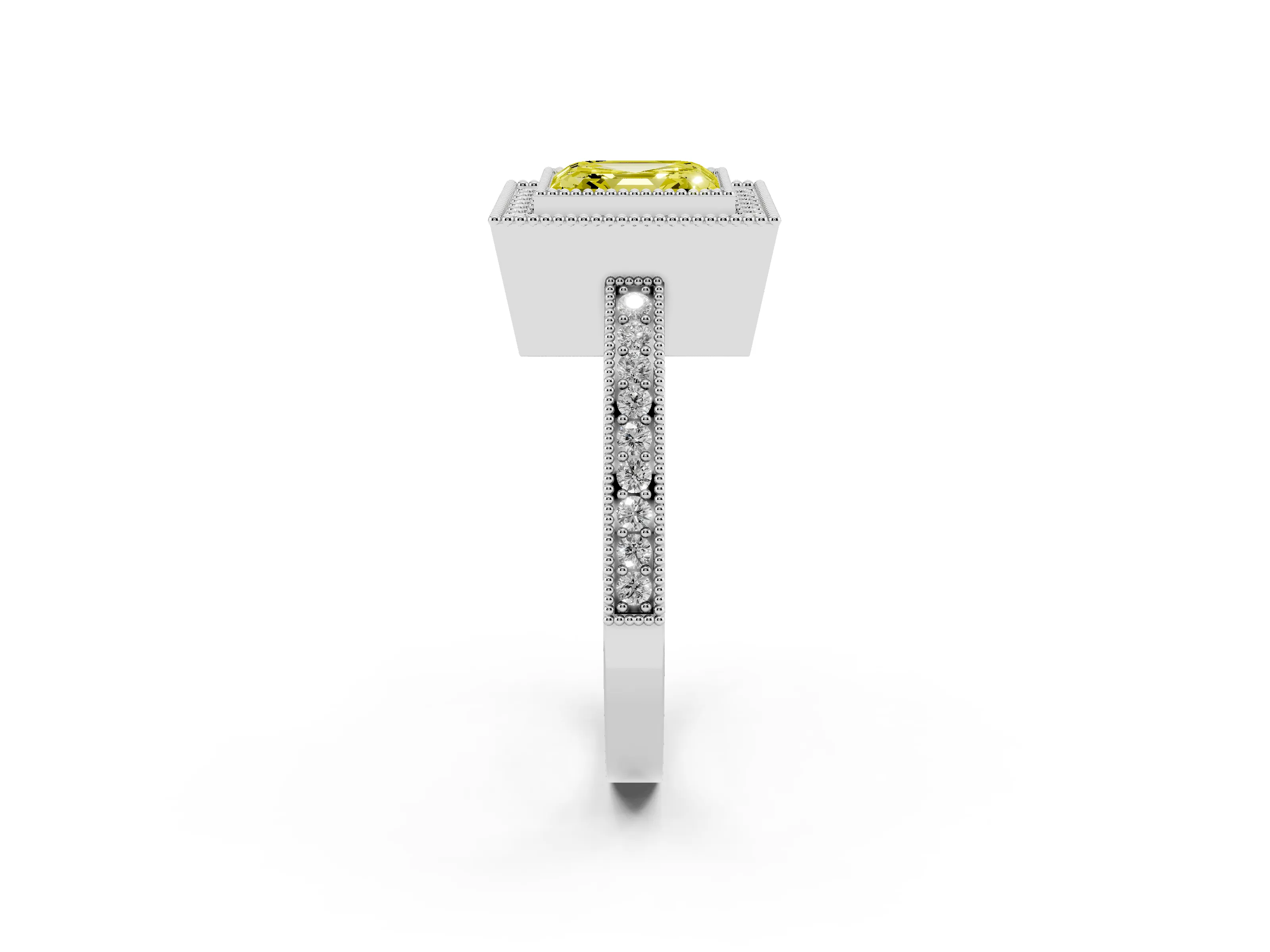 Fancy Yellow Asscher Cut Diamond Round Halo Ring Set in White gold with Pavé Band