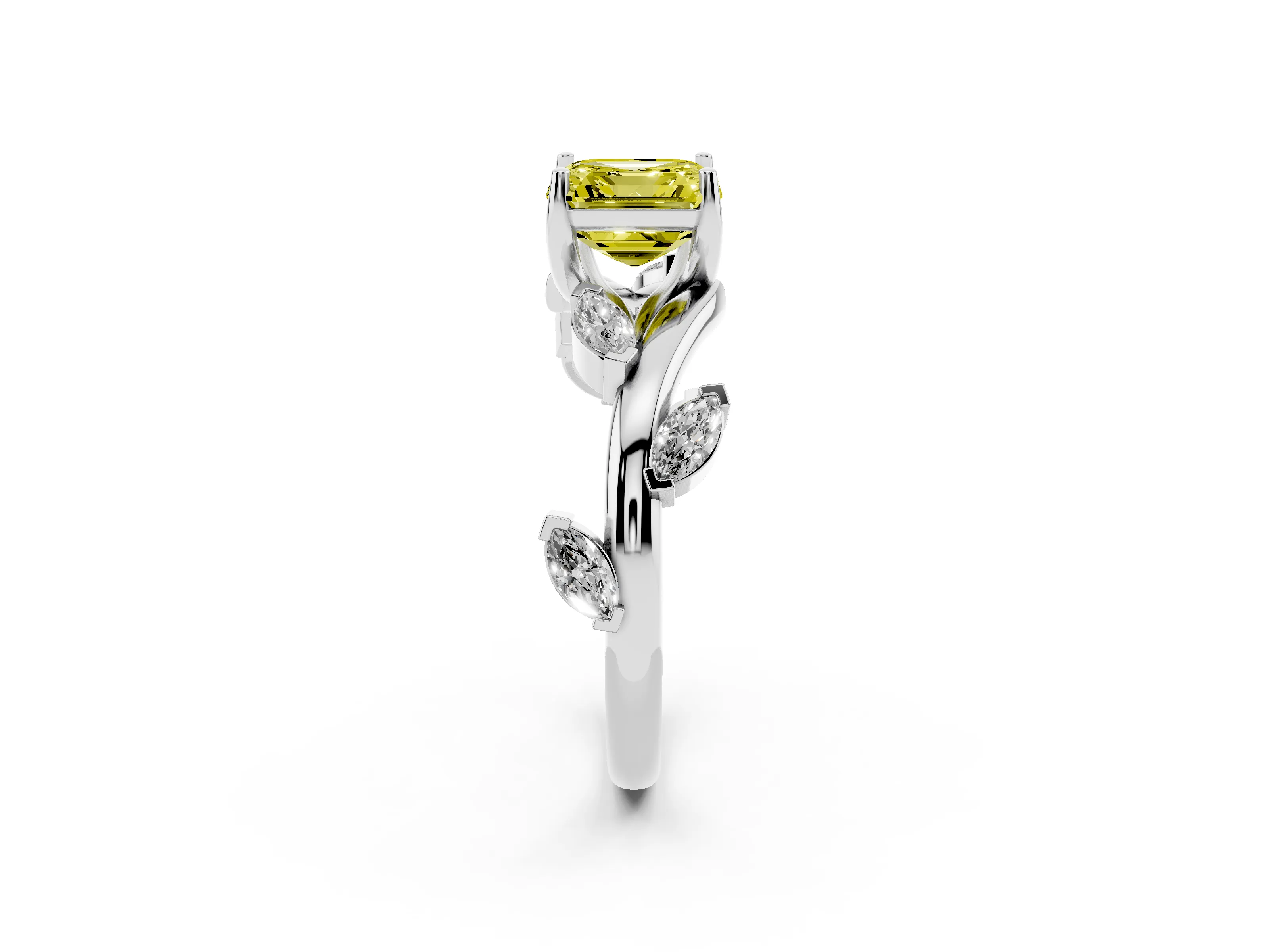 Fancy Yellow Asscher Cut Diamond Solitaire Ring Set in White gold with Twisted Marquise Accent Band