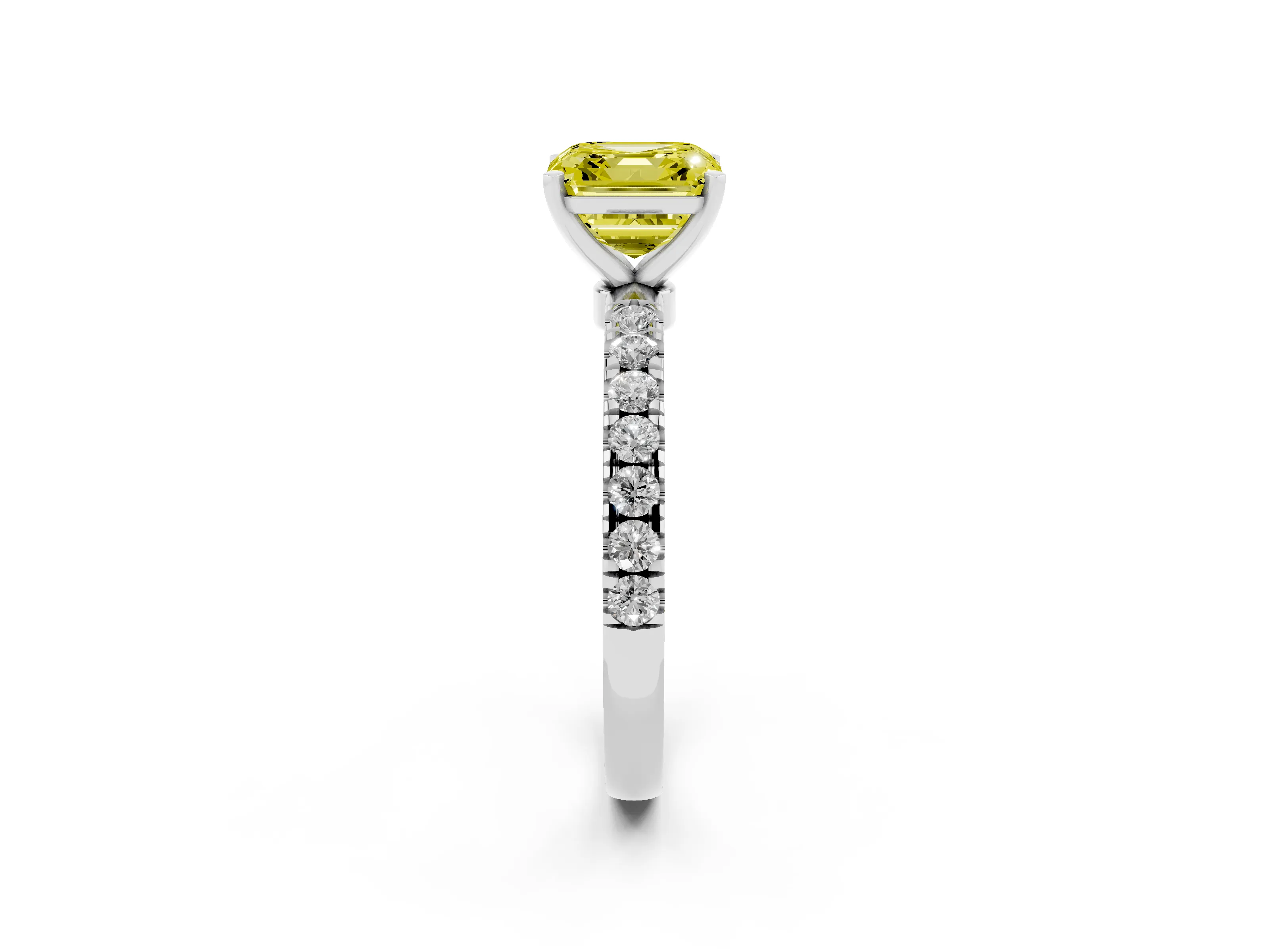 Fancy Yellow Asscher Cut Diamond Solitaire Ring Set in Platinum with Pavé Accents and Prong Setting