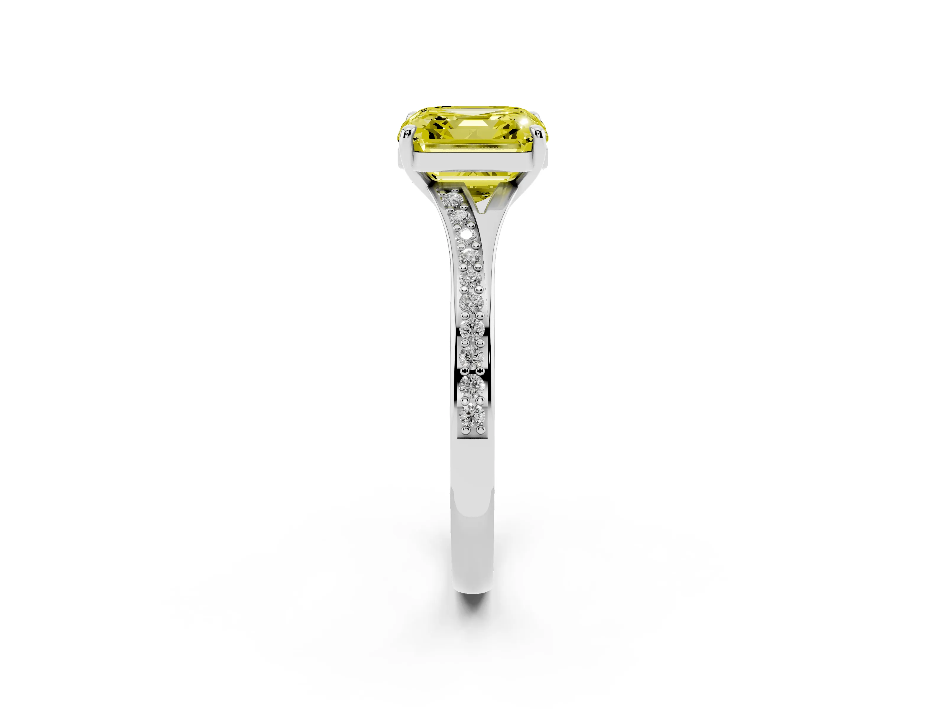 Fancy Yellow Asscher Cut Diamond Solitaire Ring Set in Platinum with Pavé Accent Band and Classic Prong Setting