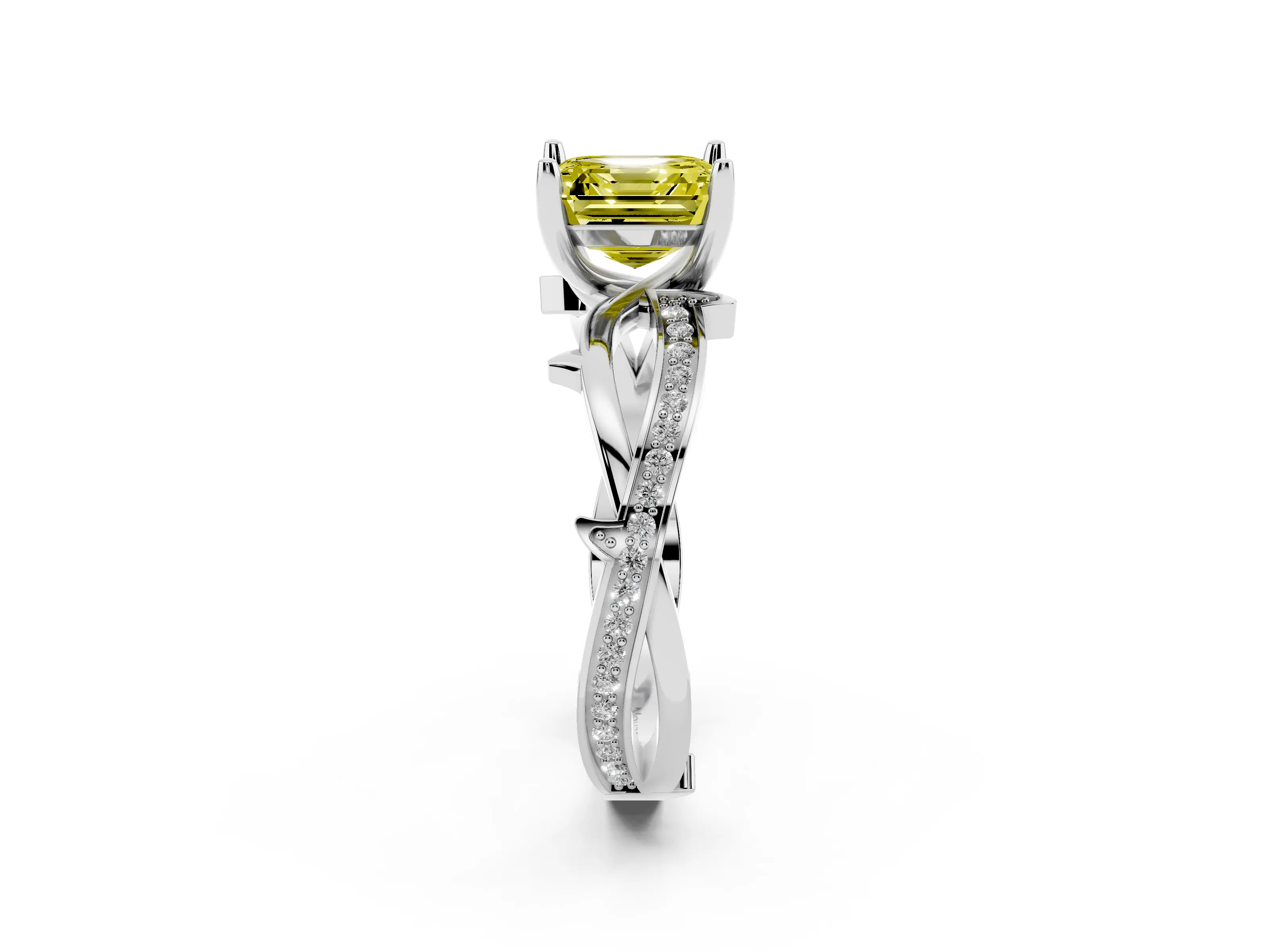 Fancy Yellow Asscher Cut Diamond Pavé Twist Band Solitaire Ring Set in White gold with Prong Setting