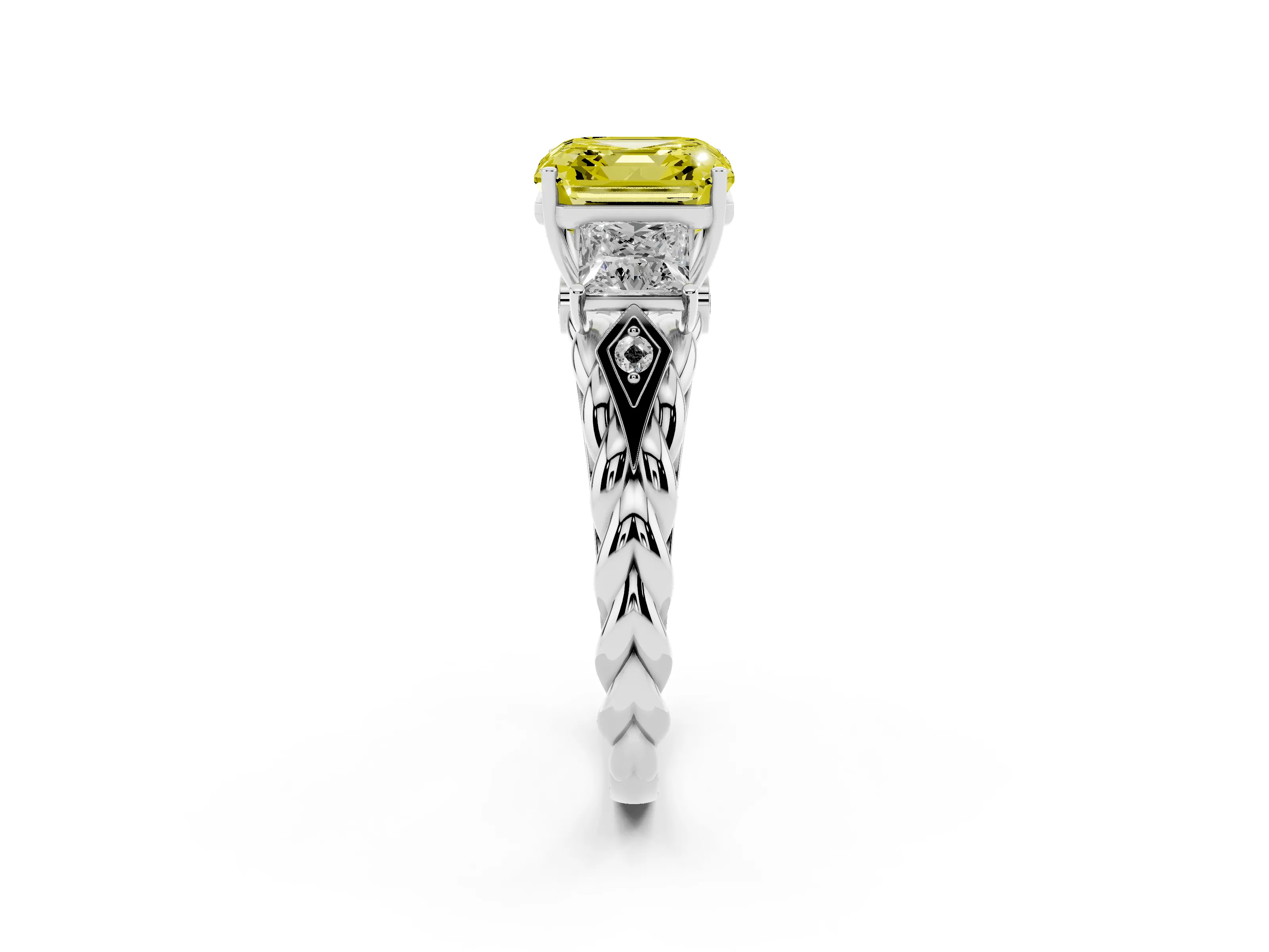 Fancy Yellow Asscher Cut Diamond Three-Stone Ring Set in White gold with Braided Band