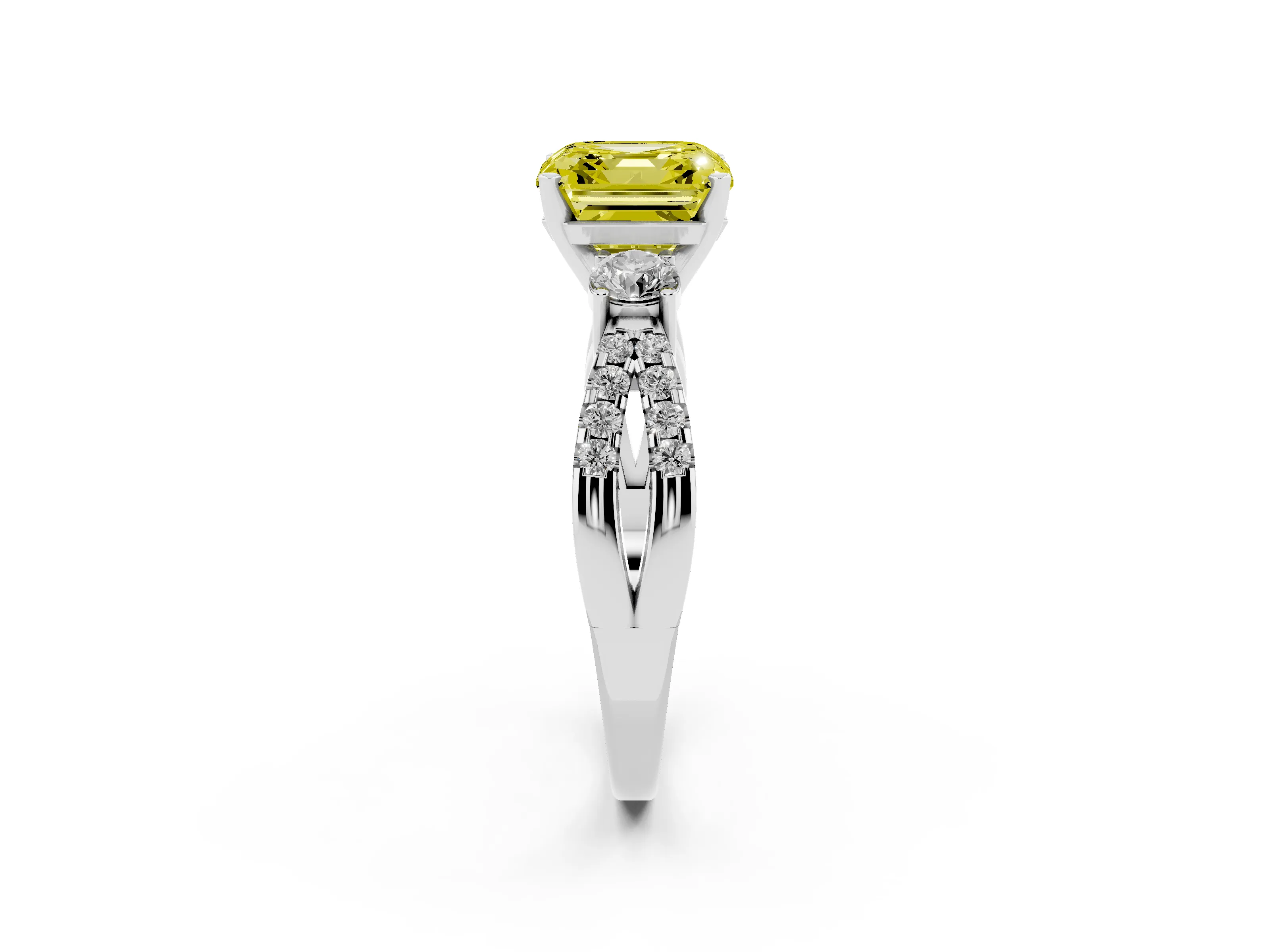 Fancy Yellow Asscher Cut Diamond Three-Stone Ring Set in Platinum with Pavé Split Shank and Prong Setting