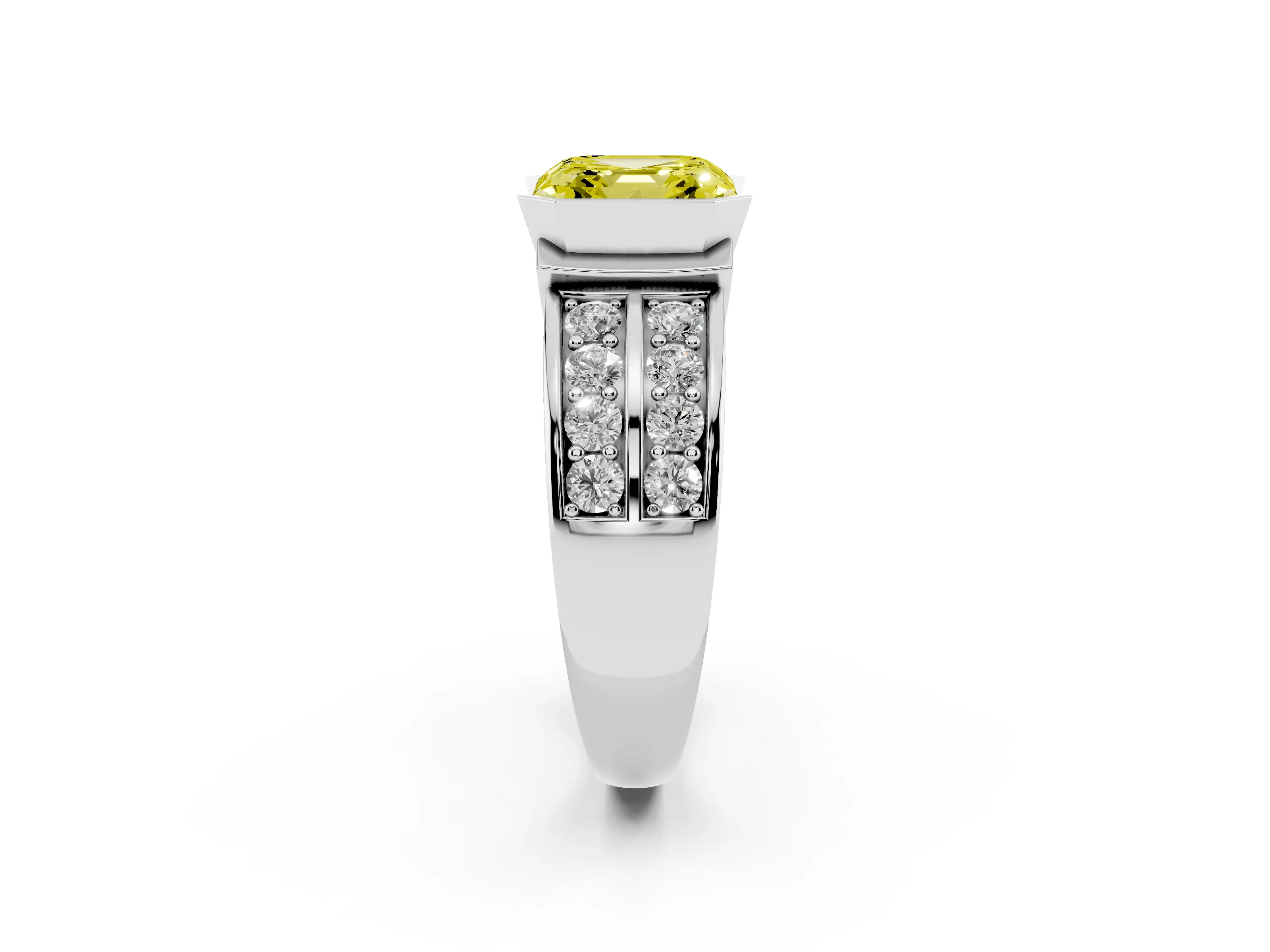 Fancy Yellow Asscher Cut Diamond Wide Channel Set Band Ring Set in Platinum with Bezel Setting