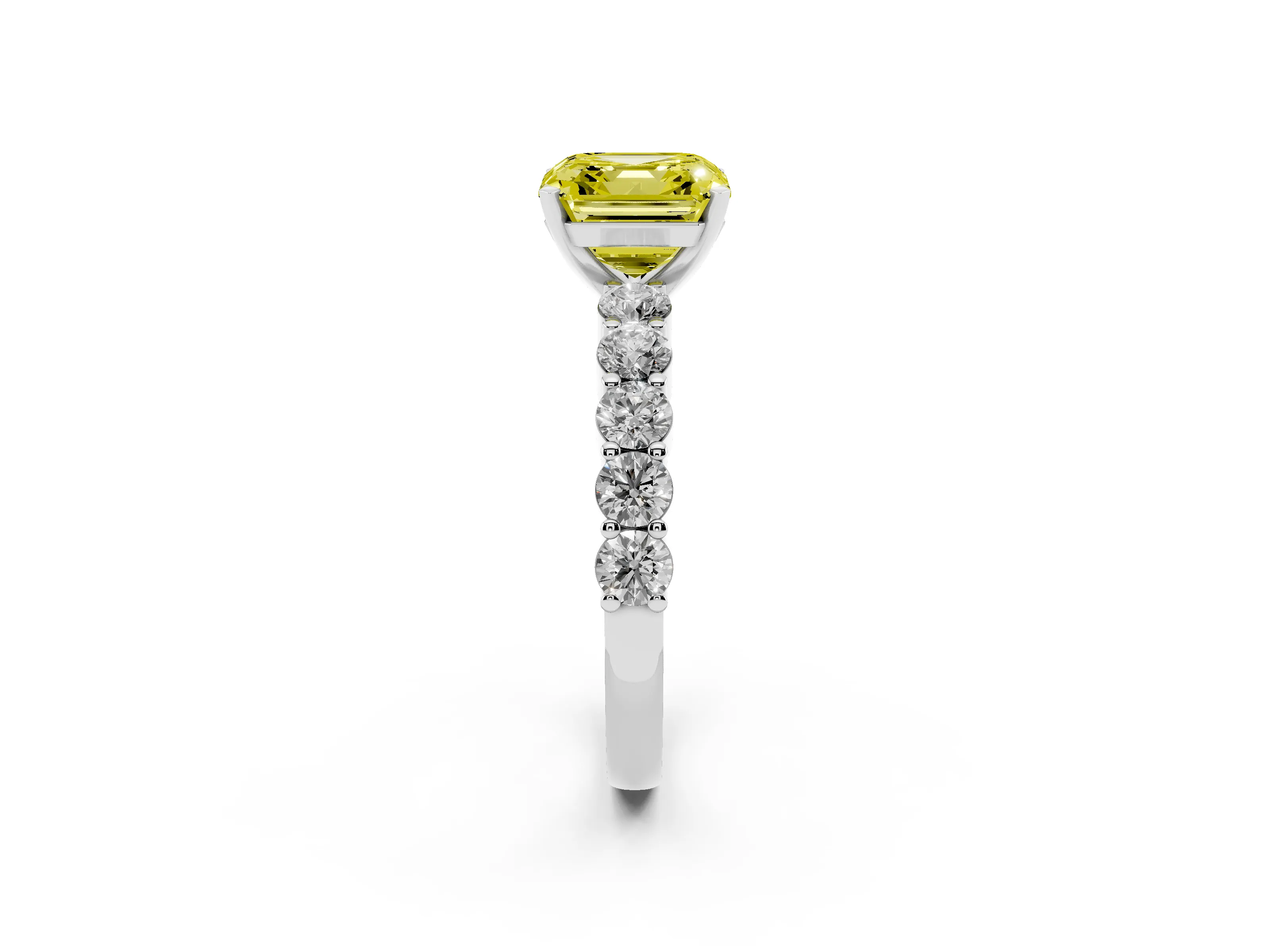 Fancy Yellow Asscher Cut Diamond Solitaire Ring Set in White gold with Shared Prong Round Side Stones