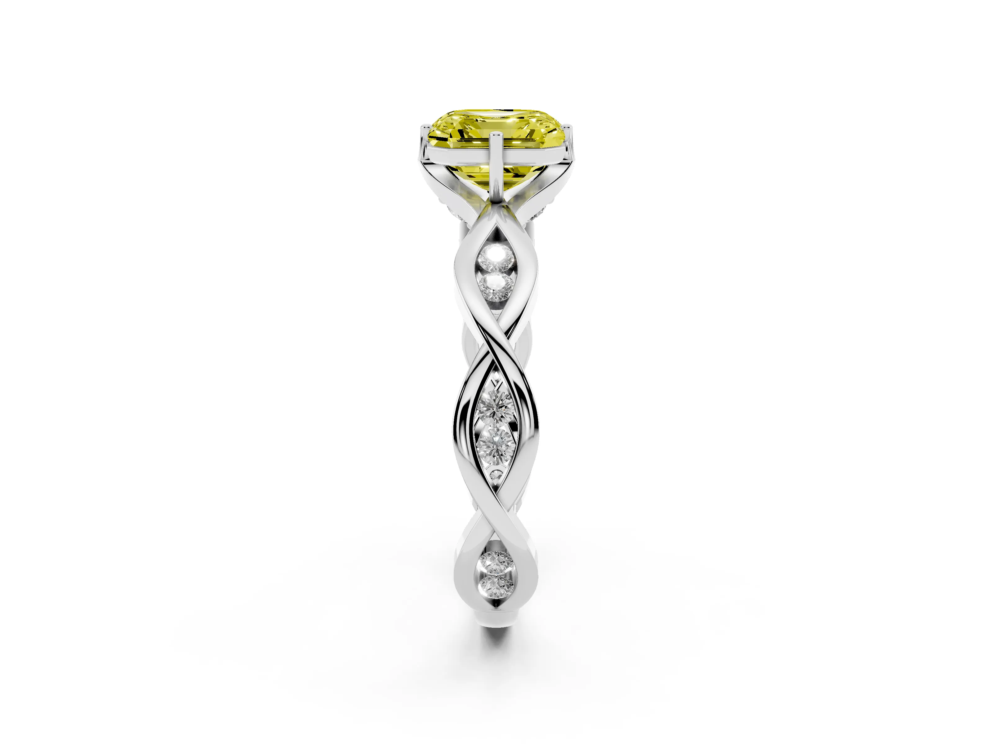 Fancy Yellow Asscher Cut Diamond Twist Band Solitaire Ring Set in Platinum with Leaf Prong Setting and Accent Stones