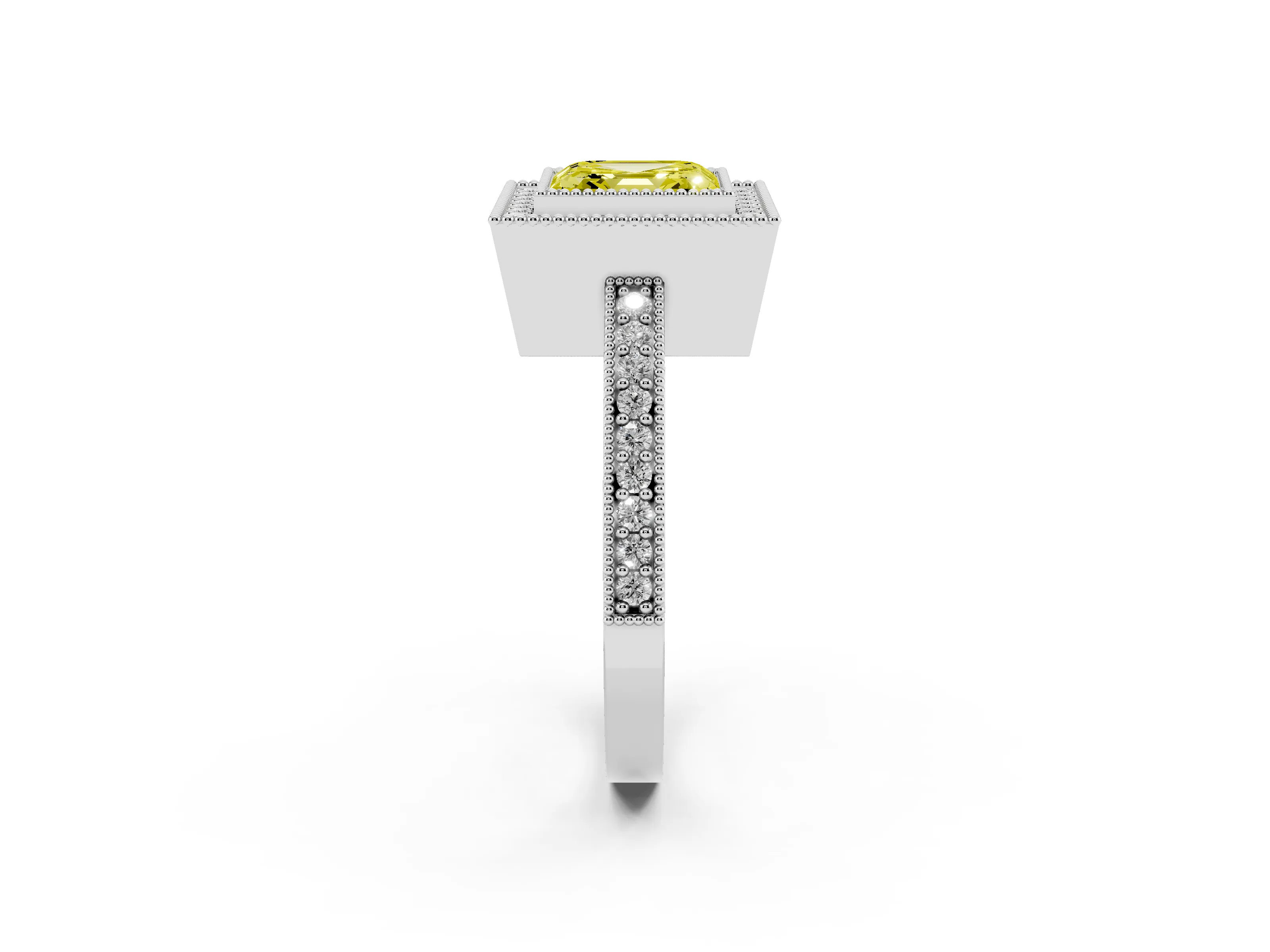 Fancy Yellow Asscher Cut Diamond Halo Engagement Ring Set in White gold with Pavé Band and Round Halo Stones