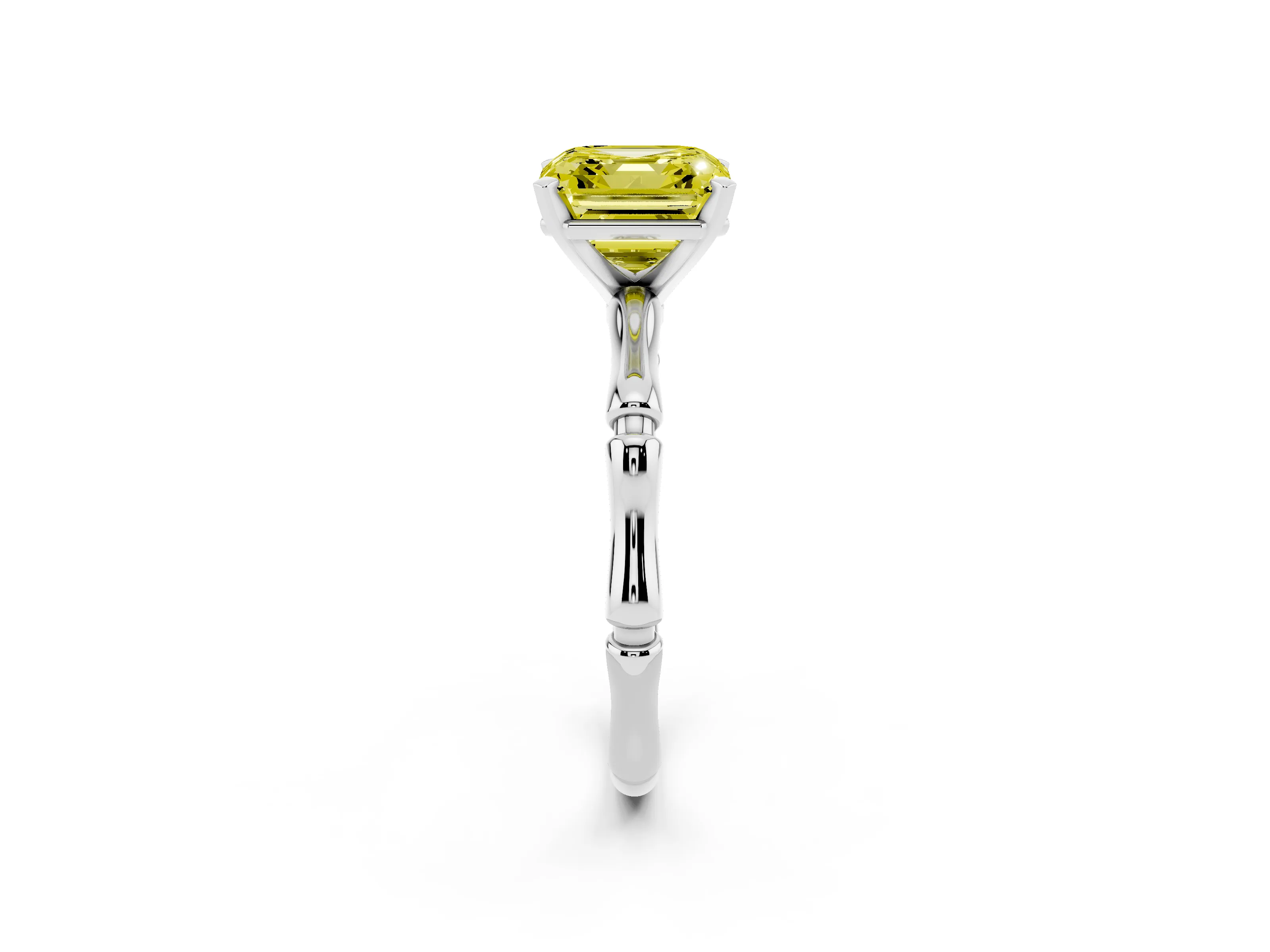 Fancy Yellow Asscher Cut Diamond Solitaire Ring Set in Platinum with Bamboo Band and Prong Setting