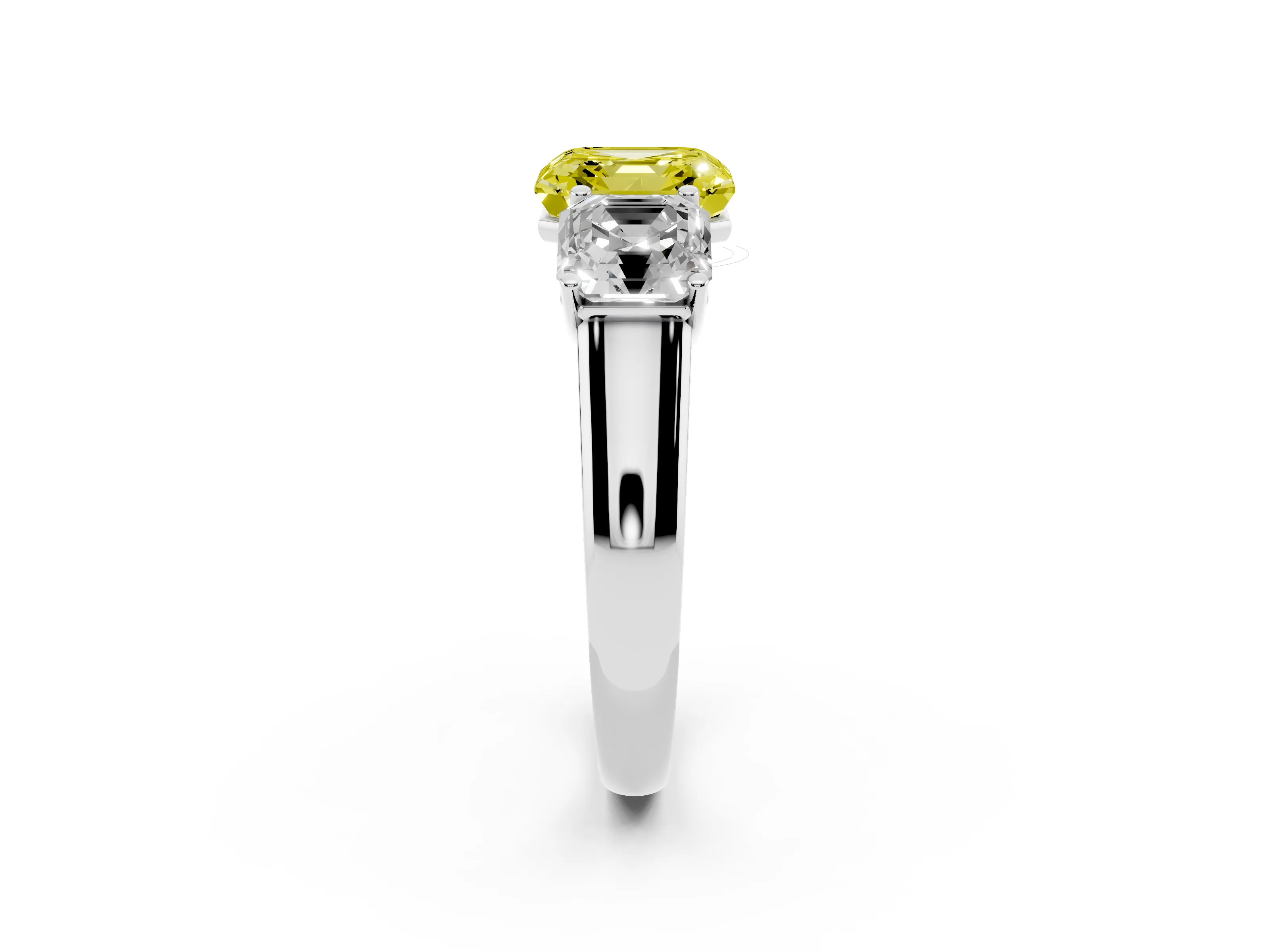 Fancy Yellow Asscher Cut Diamond Three-Stone Ring Set in White gold with Plain Polished Band