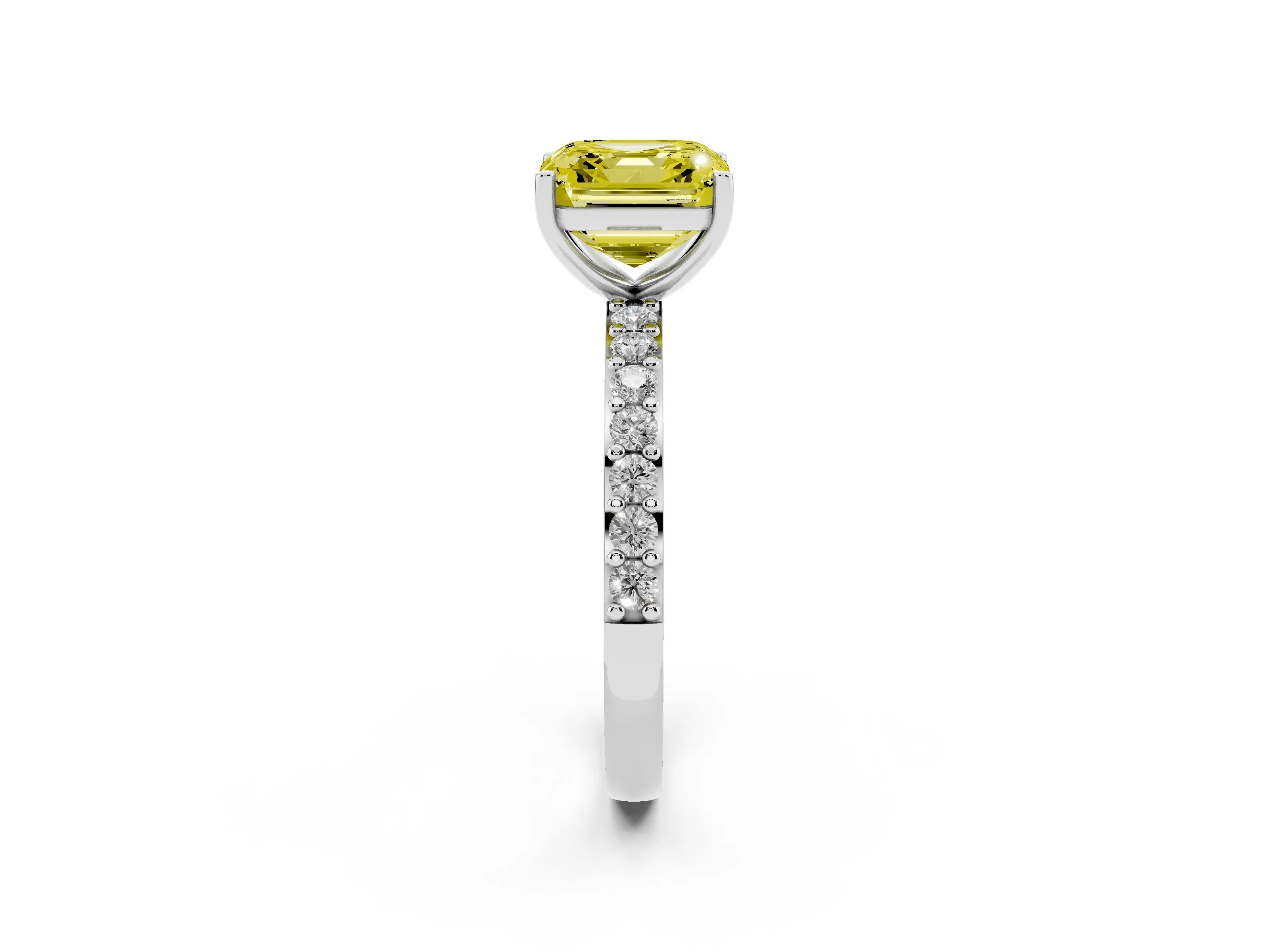 Fancy Yellow Asscher Cut Diamond Solitaire Set in Silver with Round Pavé Band and Prong Setting