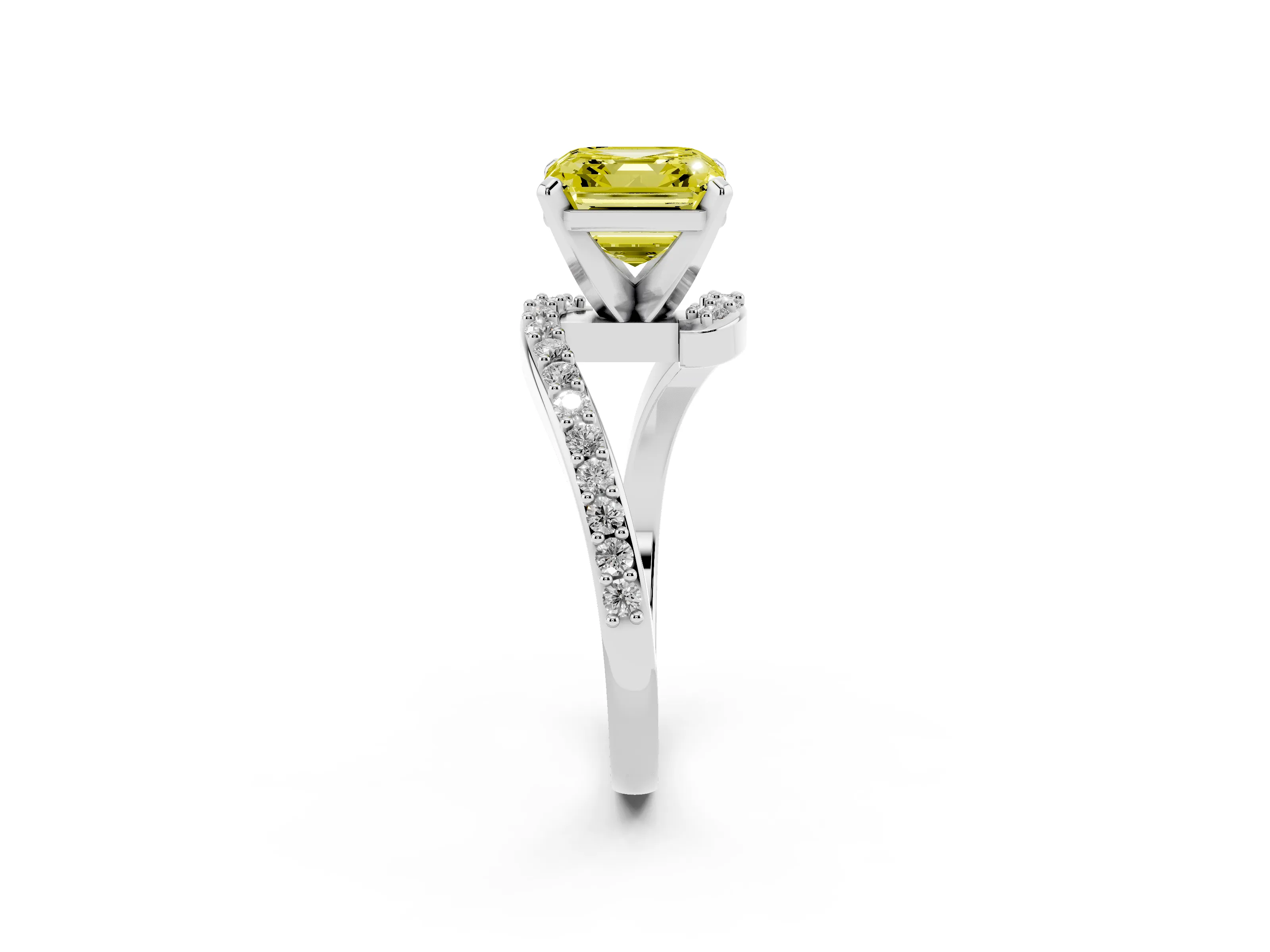 Fancy Yellow Asscher Cut Diamond Solitaire Ring Set in Platinum with Pavé Twist Band and Prong Setting
