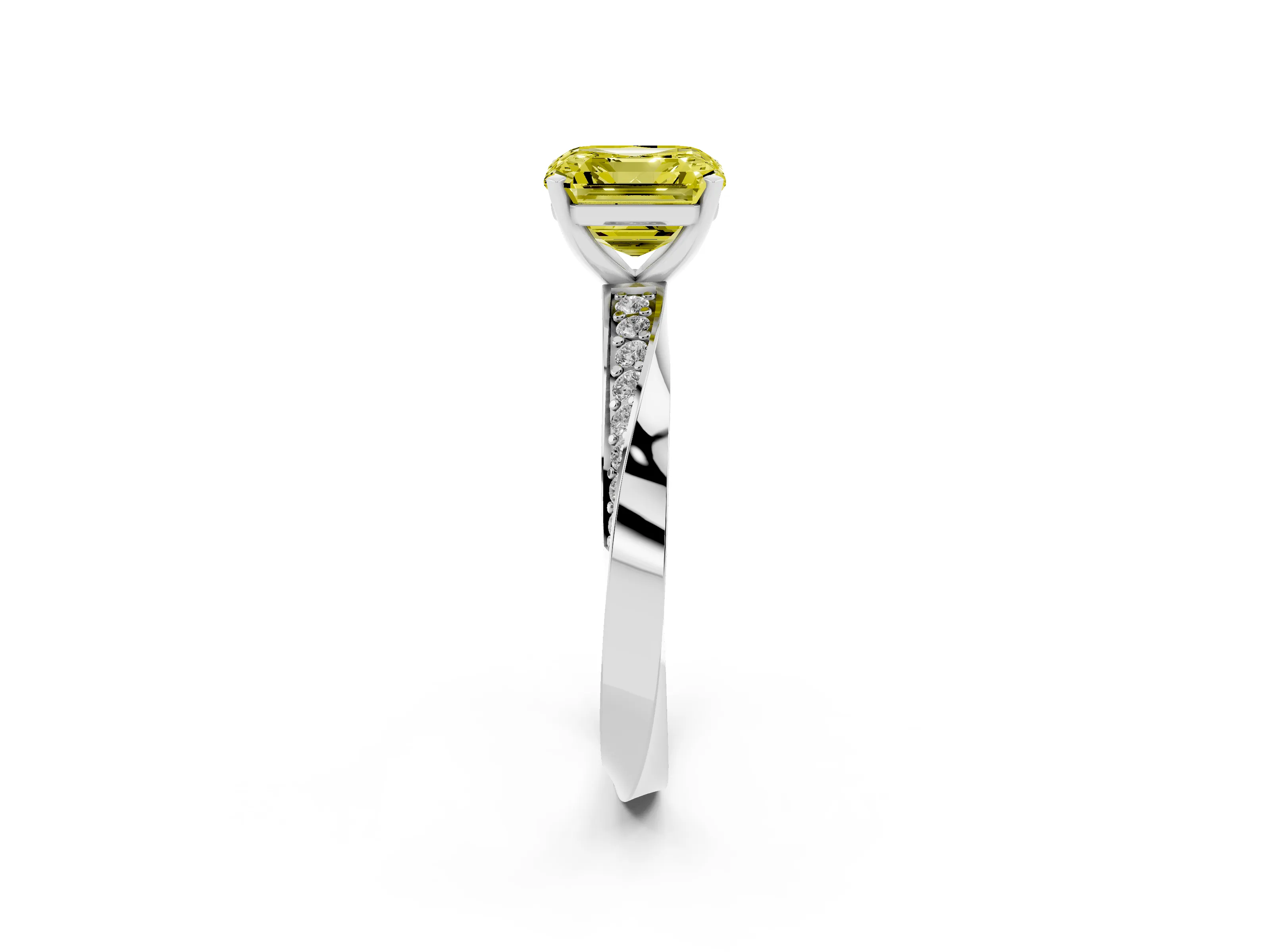 Fancy Yellow Asscher Cut Diamond Engagement Ring Set in White gold with Side Stone Accents and Prong Setting