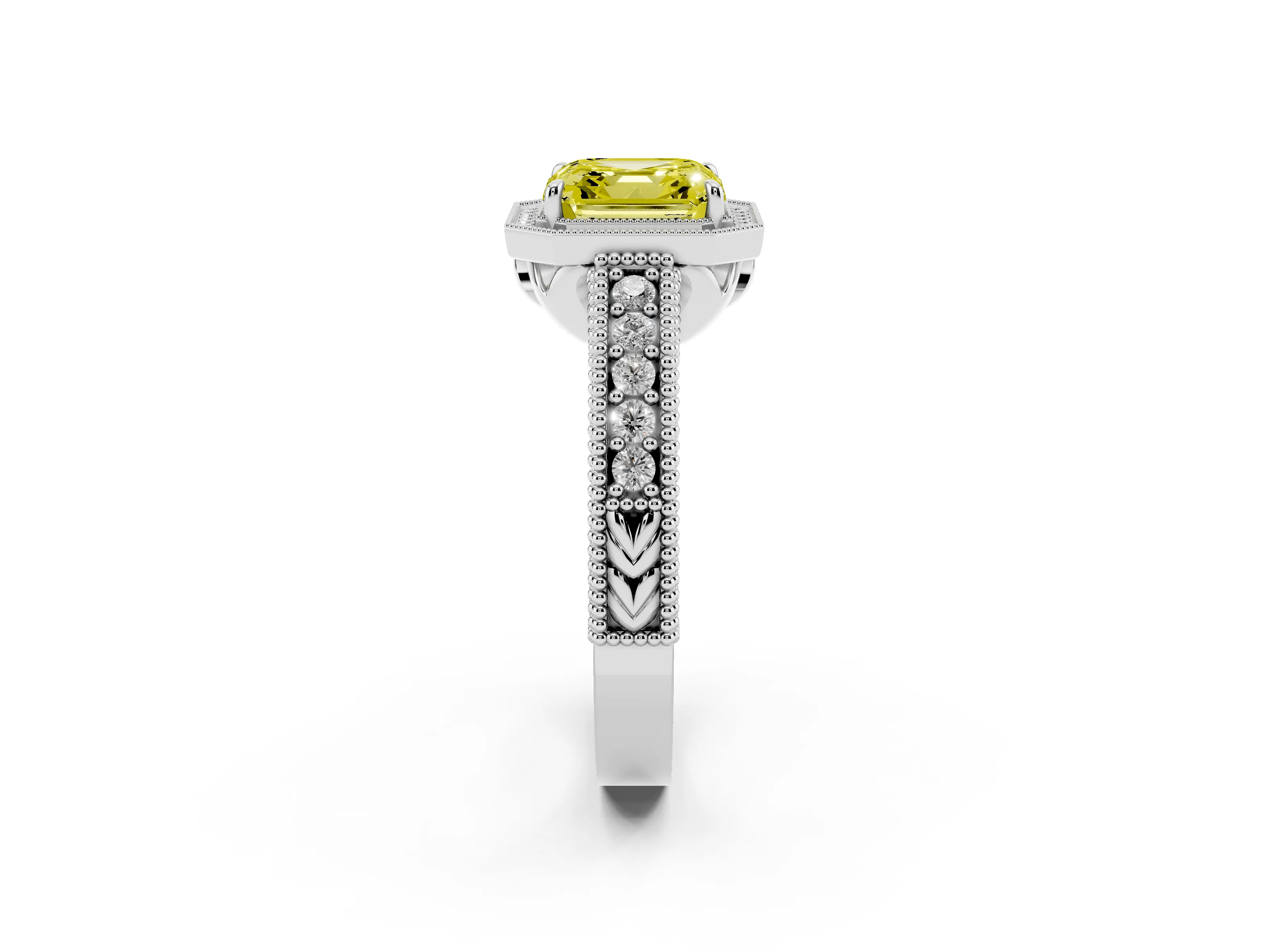 Fancy Yellow Asscher Cut Diamond Halo Ring Set in White gold with Round Accent Halo, Pavé Band and Prong Setting