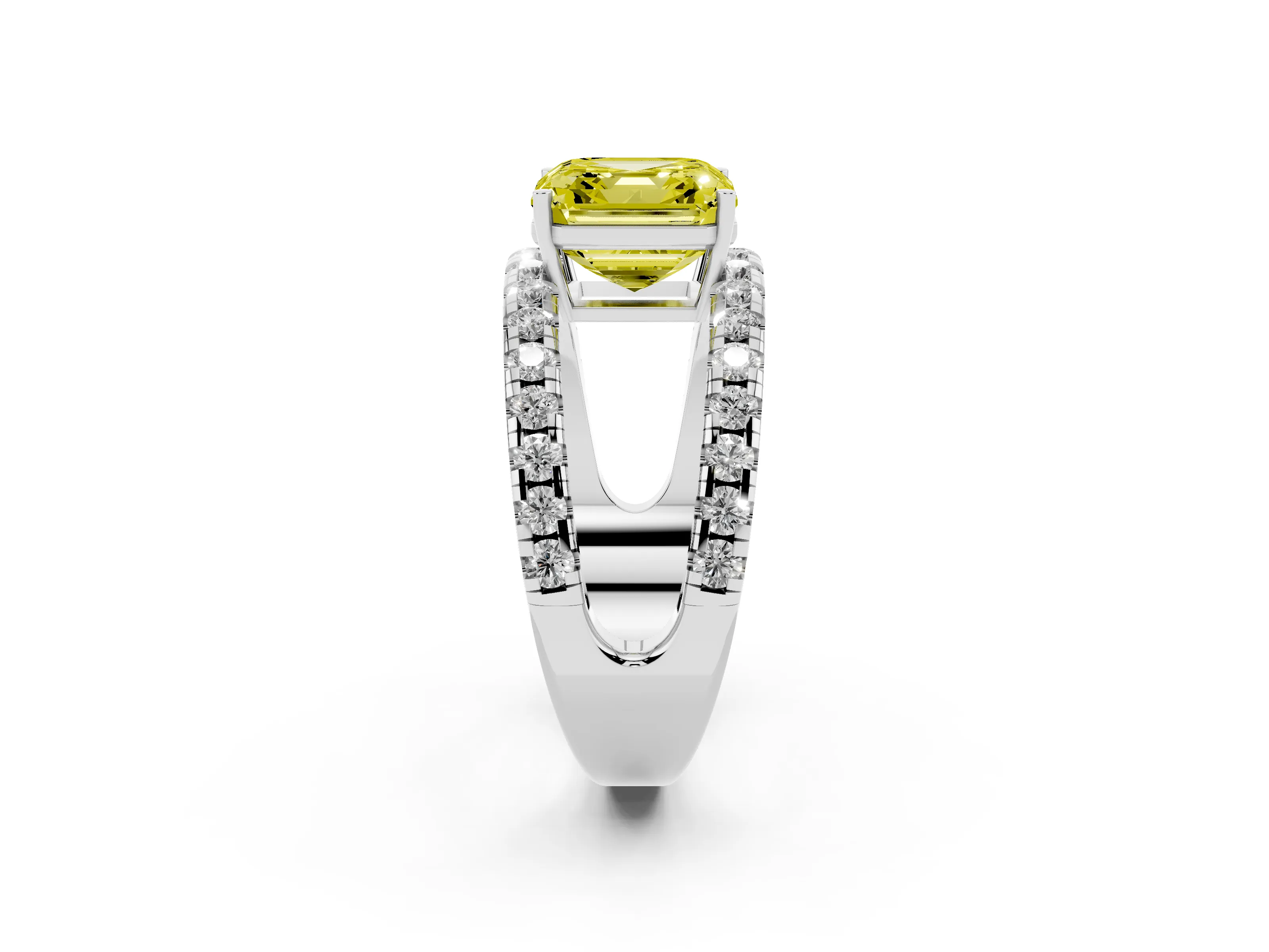 Fancy Yellow Asscher Cut Diamond Split Shank Pavé Solitaire Ring Set in Platinum with Open Shank Design