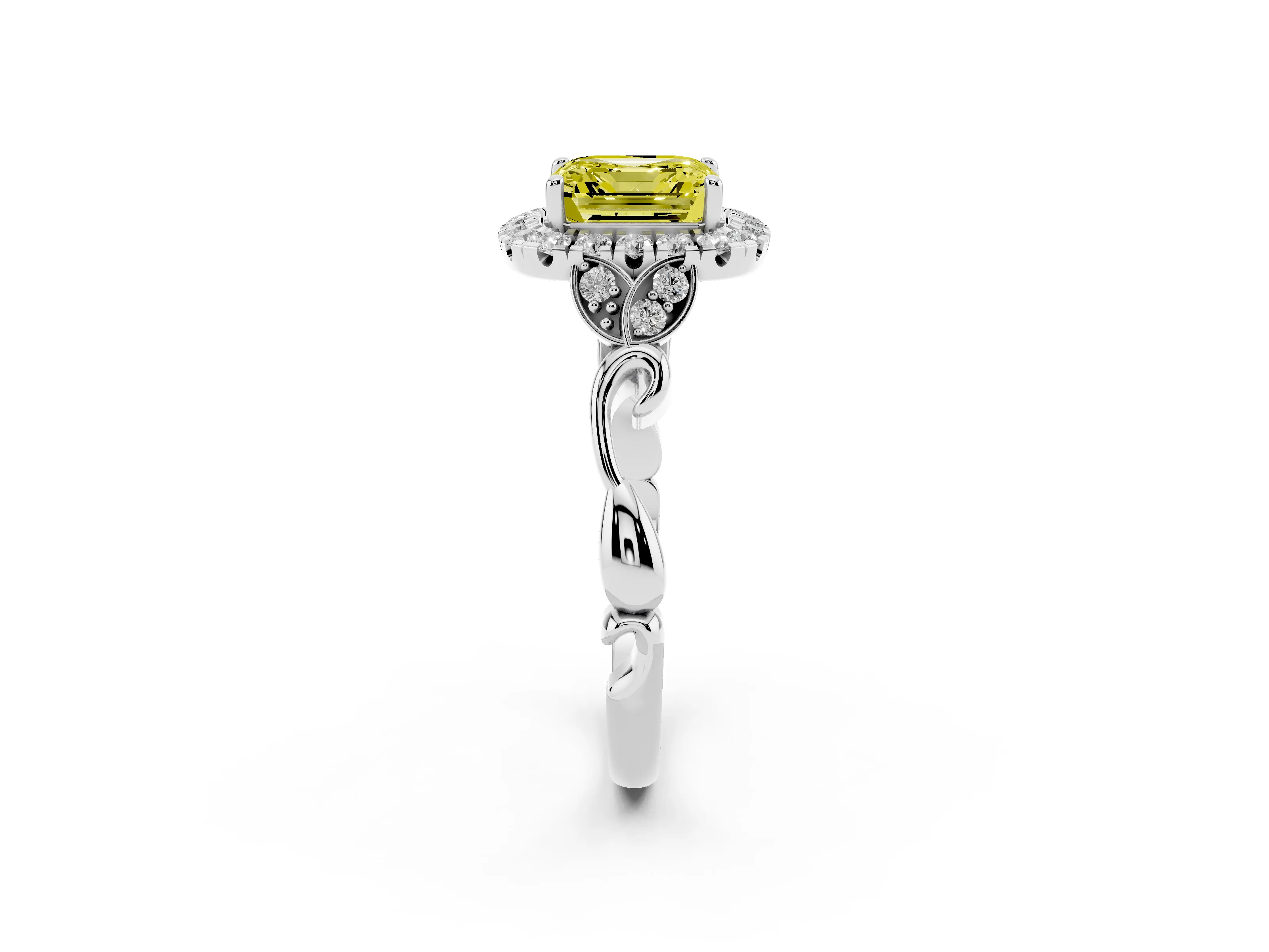 Fancy Yellow Asscher Cut Diamond Halo Engagement Ring Set in Platinum with Vintage-Inspired Band and Prong Setting