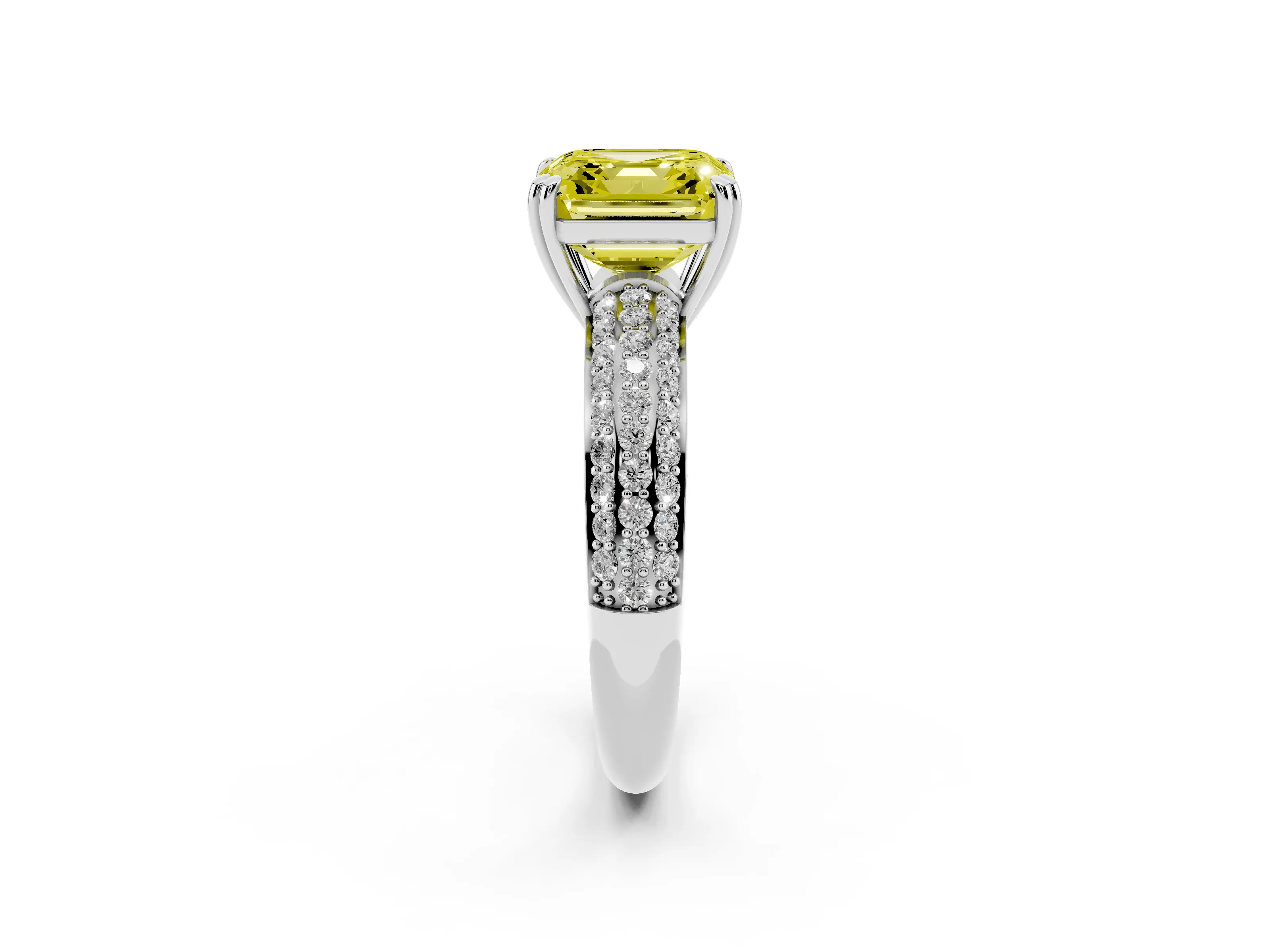 Fancy Yellow Asscher Cut Diamond Solitaire Ring Set in Platinum with Multi-Row Round Pavé Band and Prong Setting