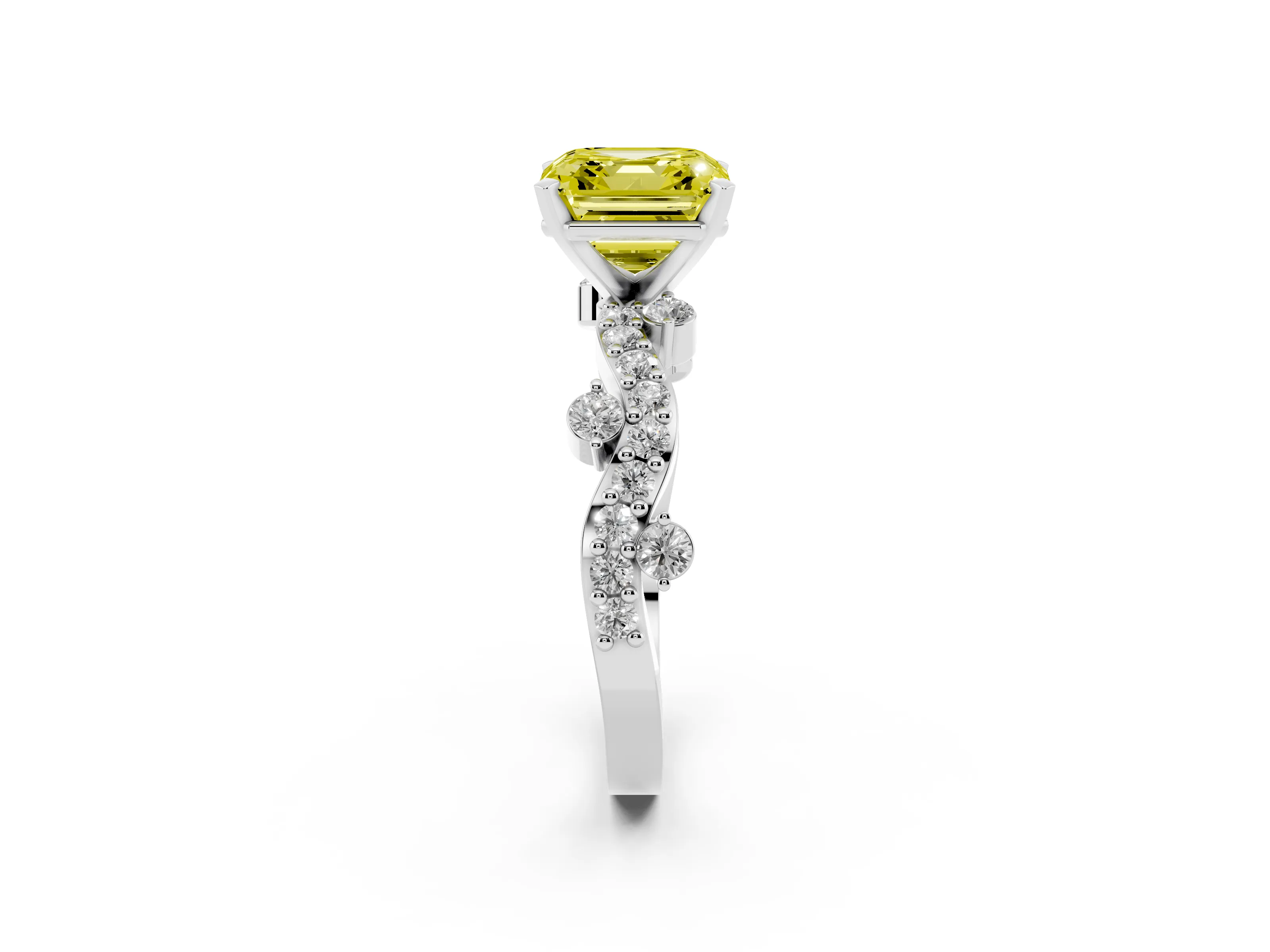 Fancy Yellow Asscher Cut Diamond Solitaire Twisted Band Set in Silver with Pavé Setting
