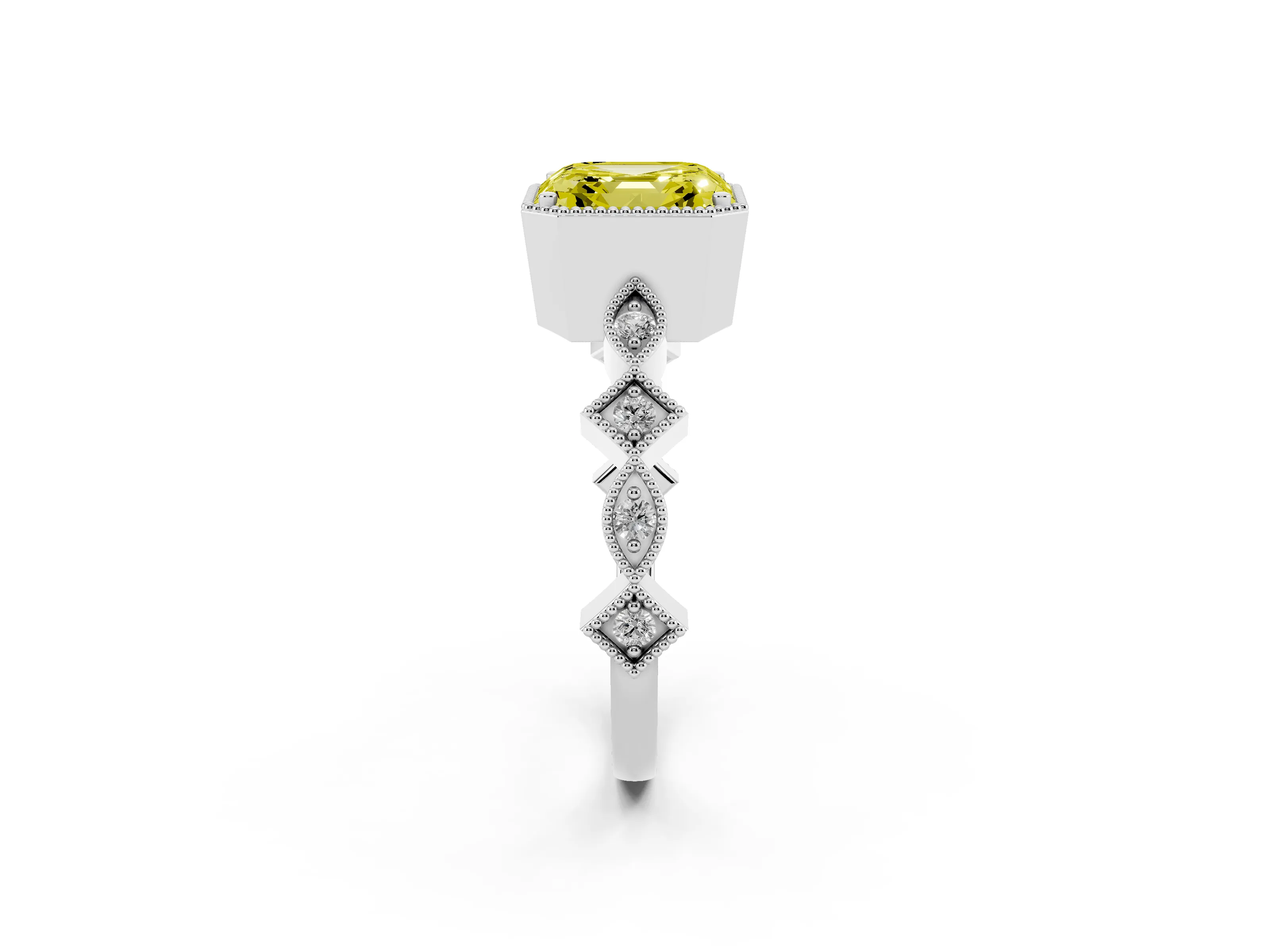 Fancy Yellow Asscher Cut Diamond Milgrain Marquise Twist Band Ring Set in Silver with Prong Setting