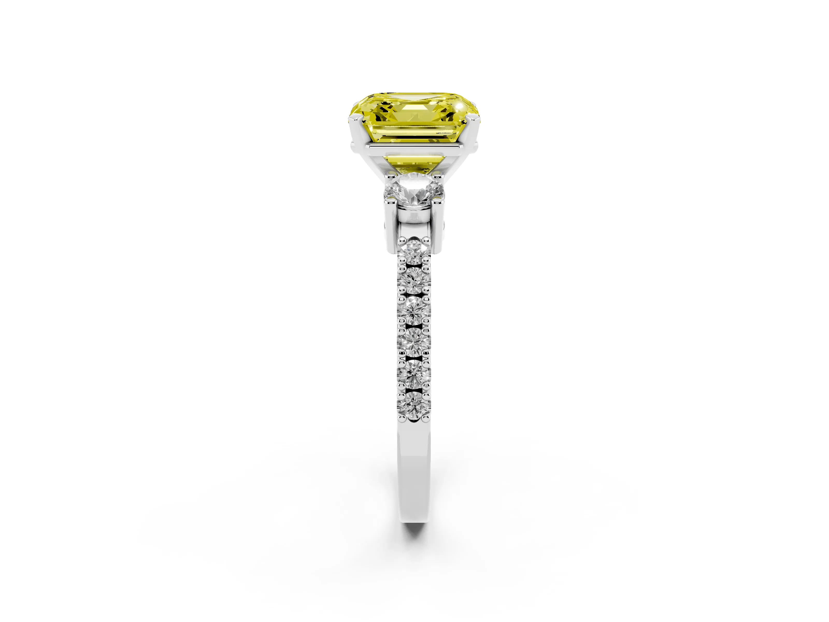Fancy Yellow Three-Stone Asscher Cut Diamond Pavé Band Ring Set in Silver with Prong Setting