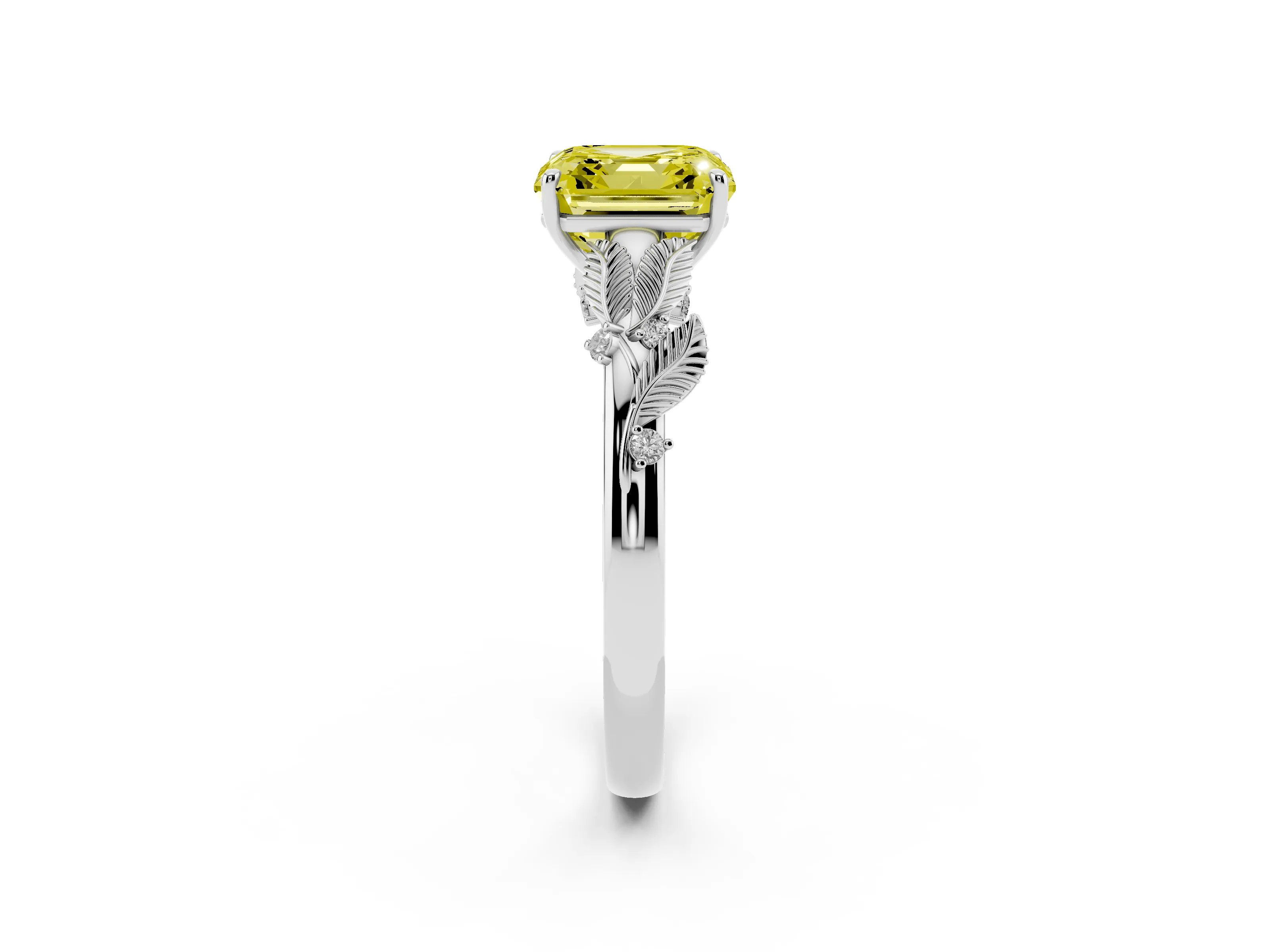 Fancy Yellow Asscher Cut Diamond Solitaire Ring Set in White gold with Leaf Motif Band