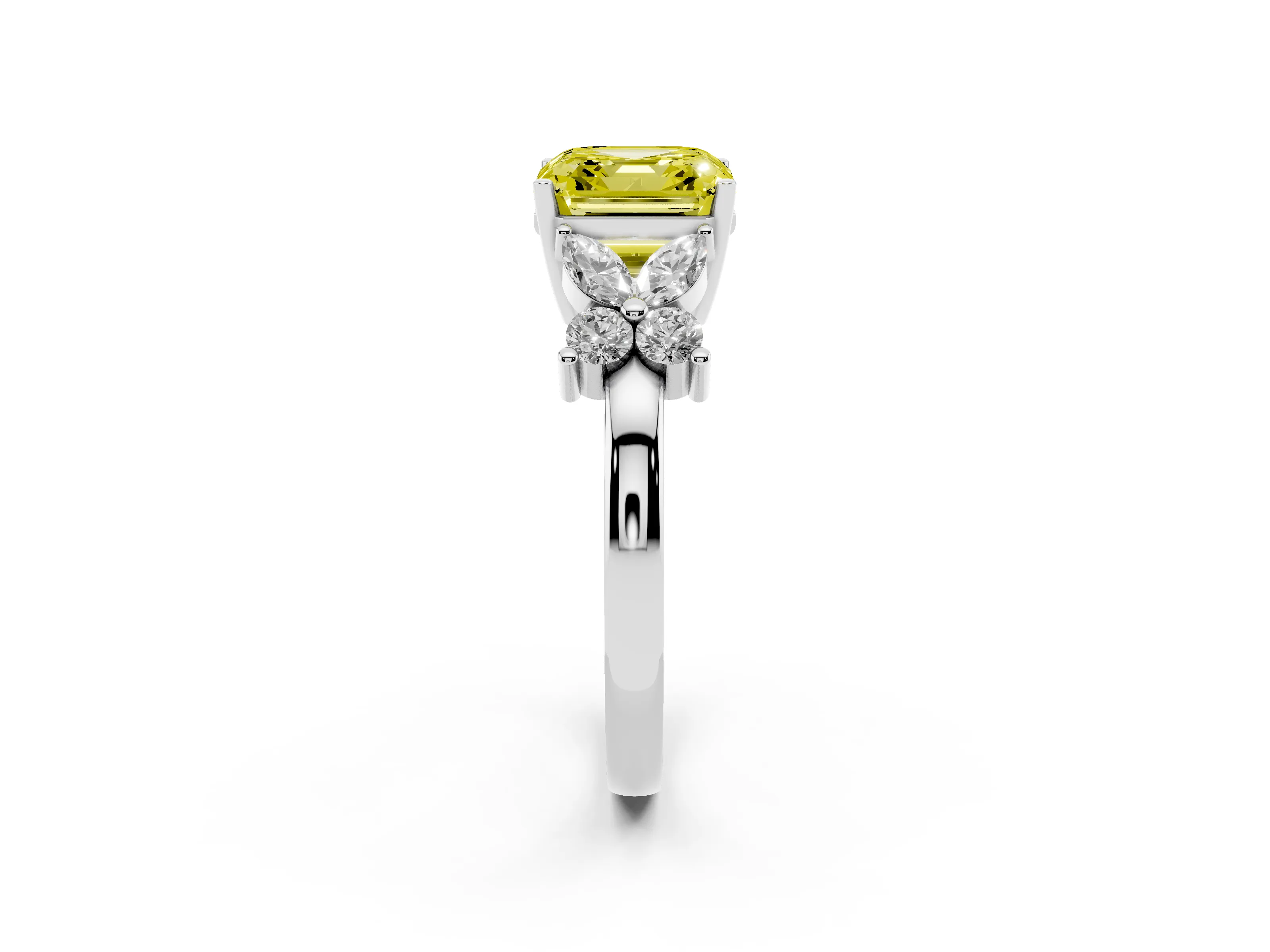 Fancy Yellow Asscher Cut Diamond Floral Cluster Ring Set in Platinum with Marquise Petals and Prong Setting