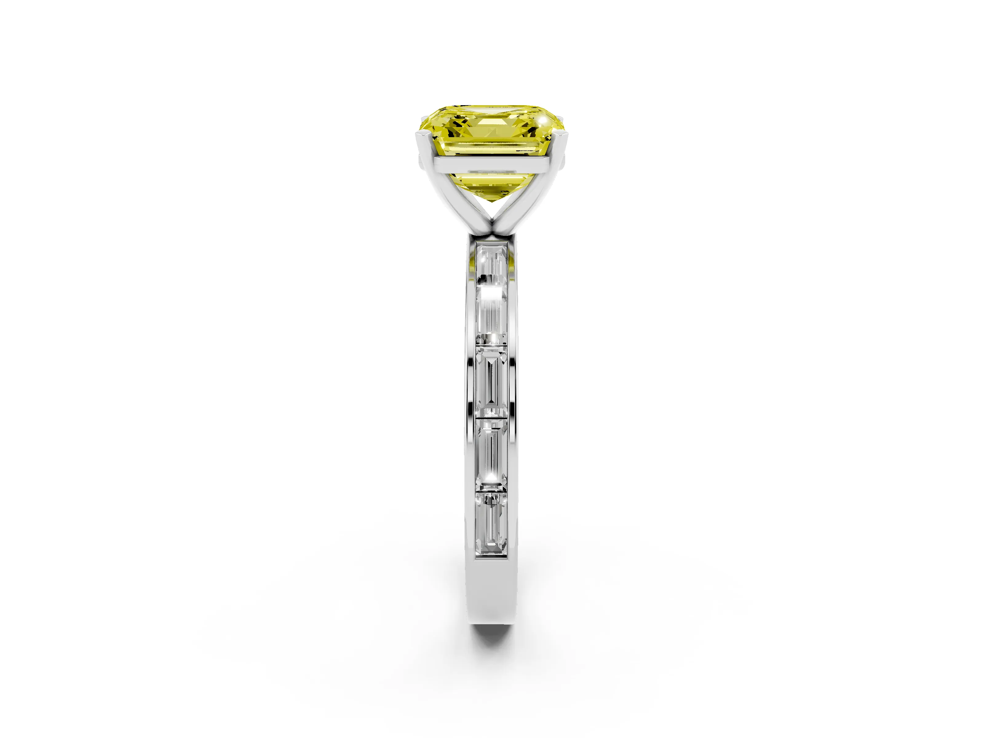 Fancy Yellow Asscher Cut Diamond Solitaire Ring Set in White gold with Channel-Set Baguette Band and Prong Setting
