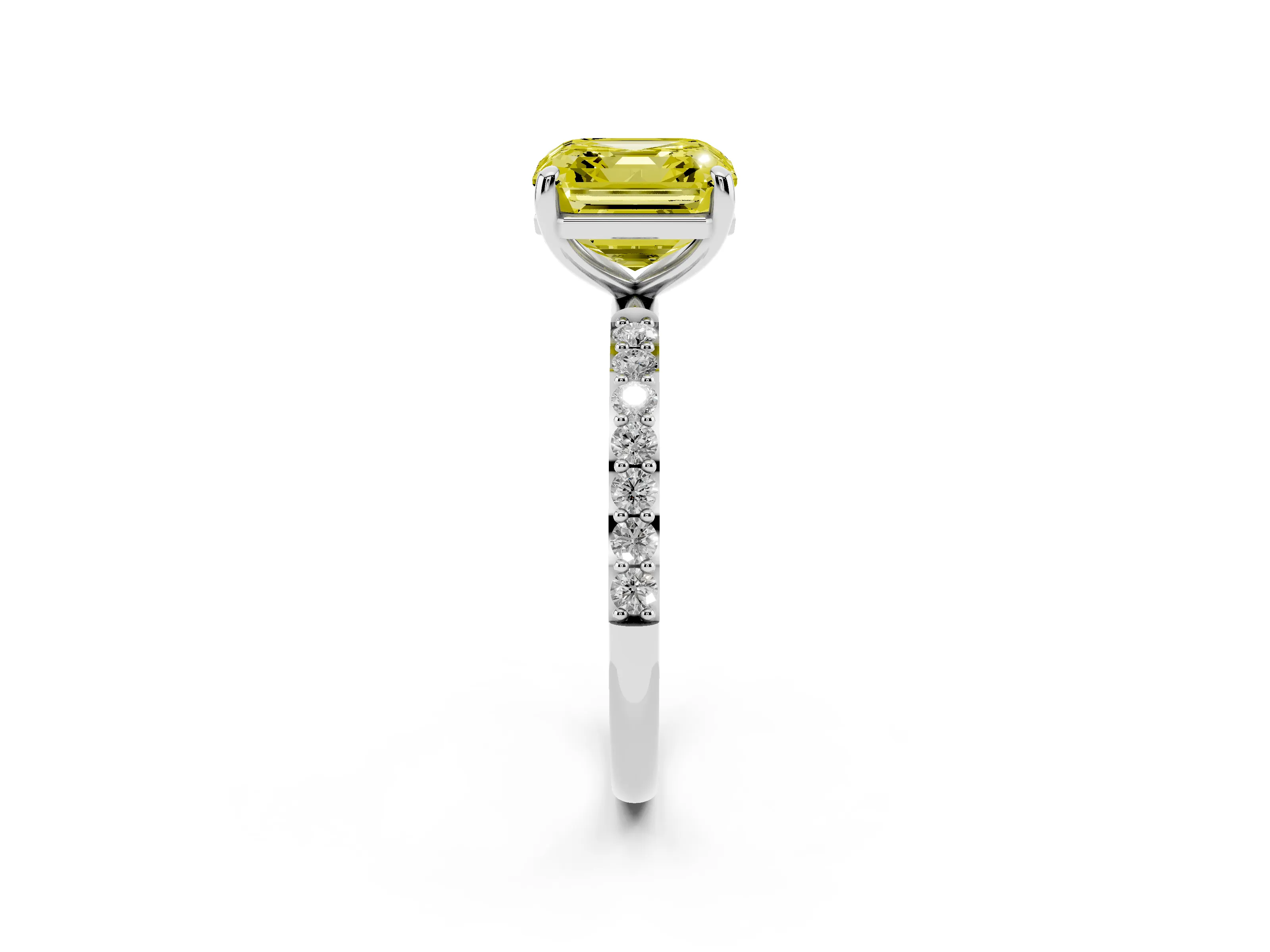 Fancy Yellow Asscher Cut Diamond Solitaire Ring Set in Silver with Round Pavé Band and Prong Setting