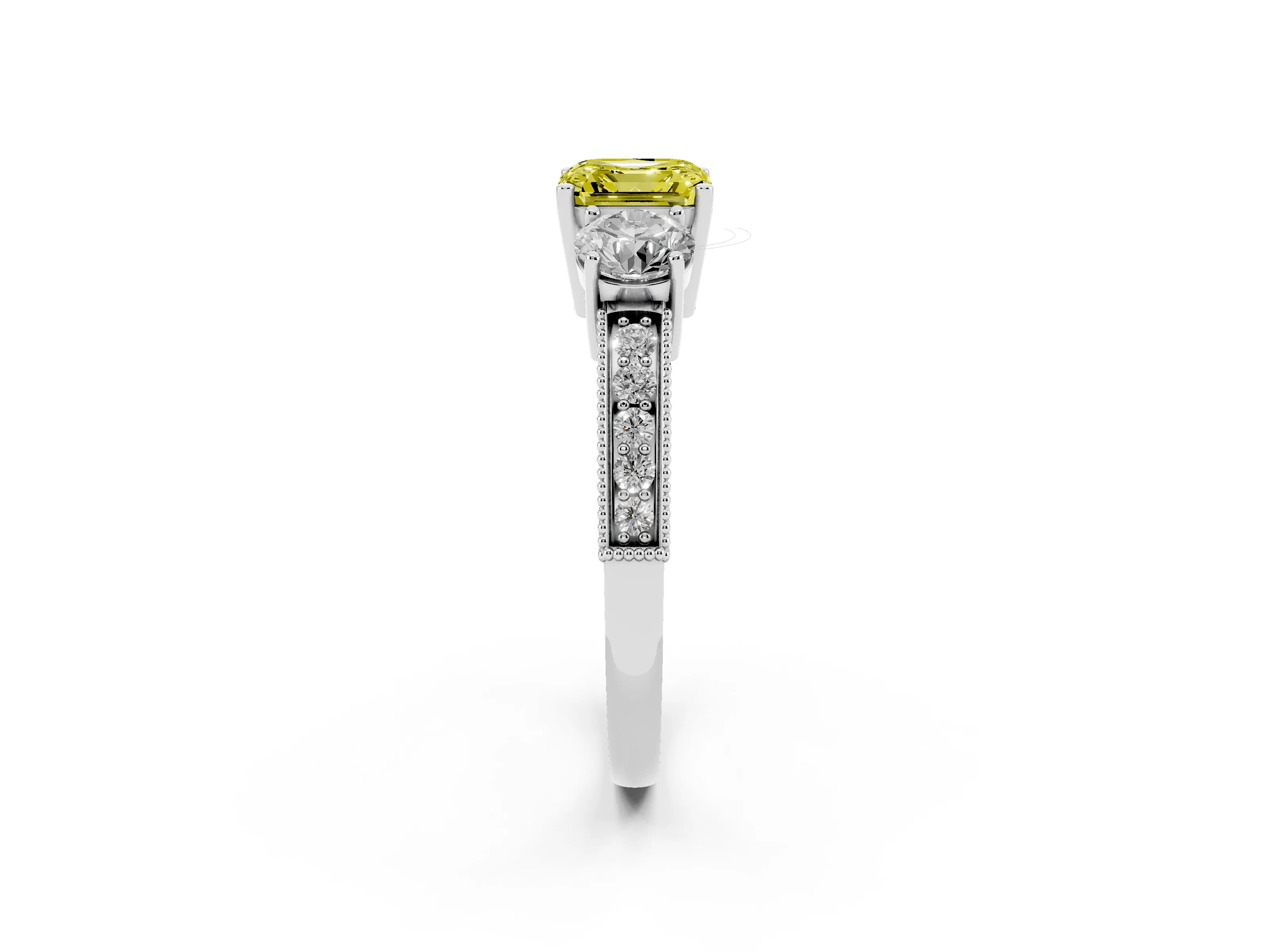 Fancy Yellow Asscher Cut Diamond Three-Stone Ring Set in White gold with Round Side Stones and Pavé Band