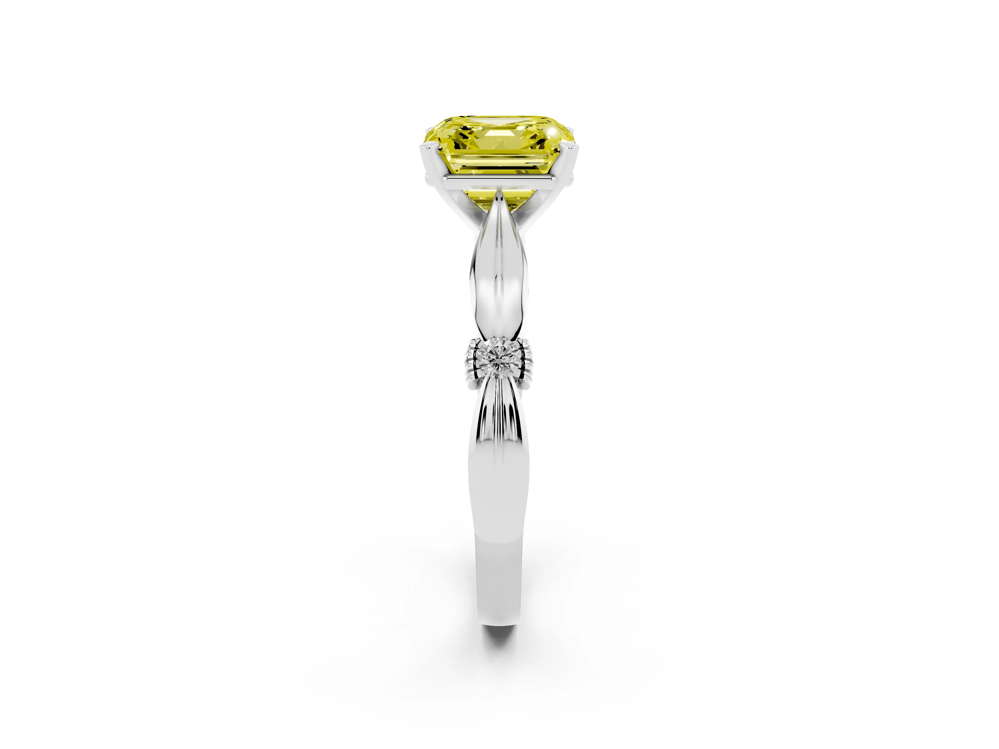 Fancy Yellow Asscher Cut Diamond Solitaire Twisted Band Ring Set in Platinum with Accent Stones and Prong Setting