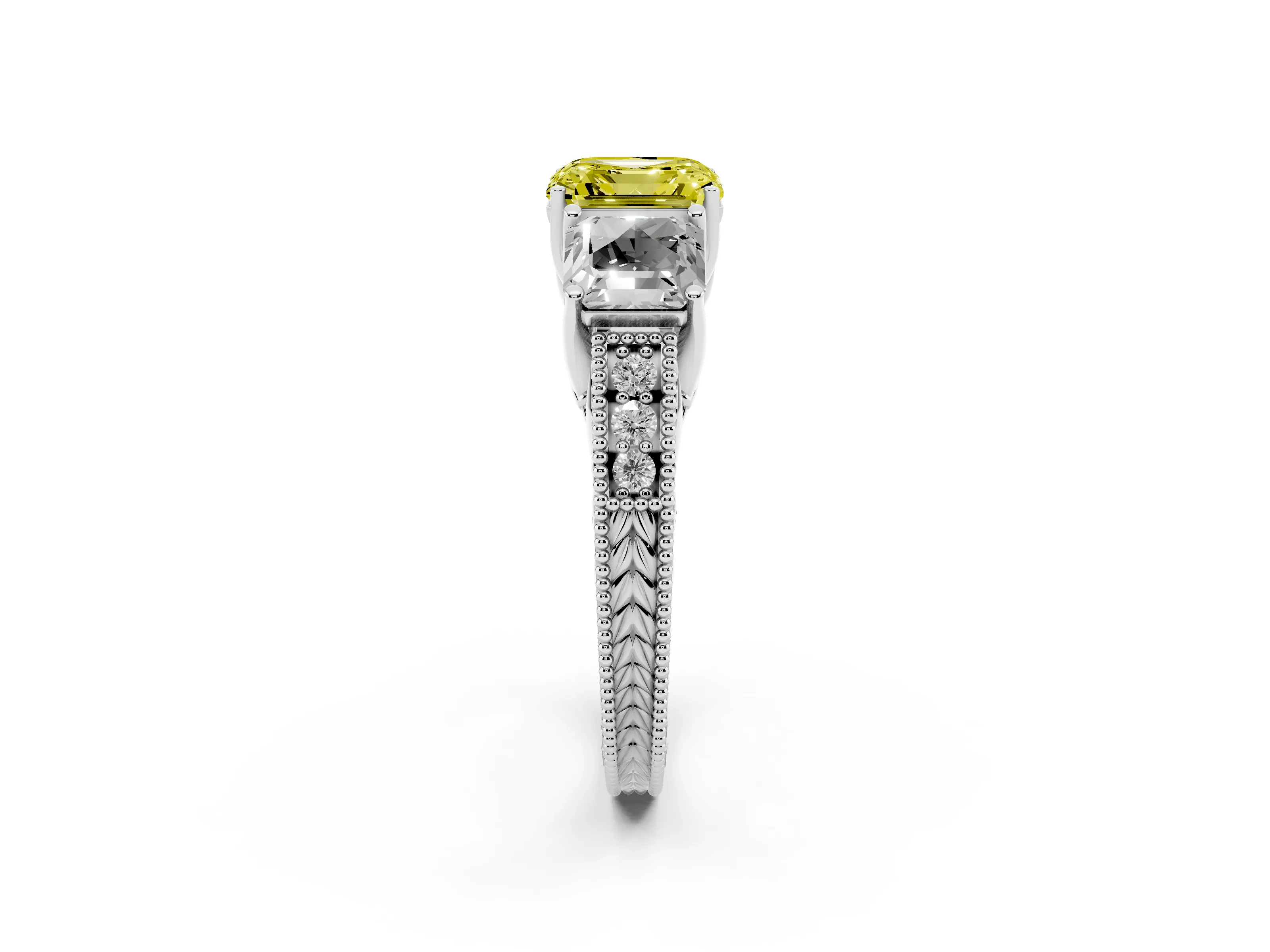 Fancy Yellow Asscher Cut Diamond Three-Stone Engagement Ring Set in Silver with Milgrain Pavé Band