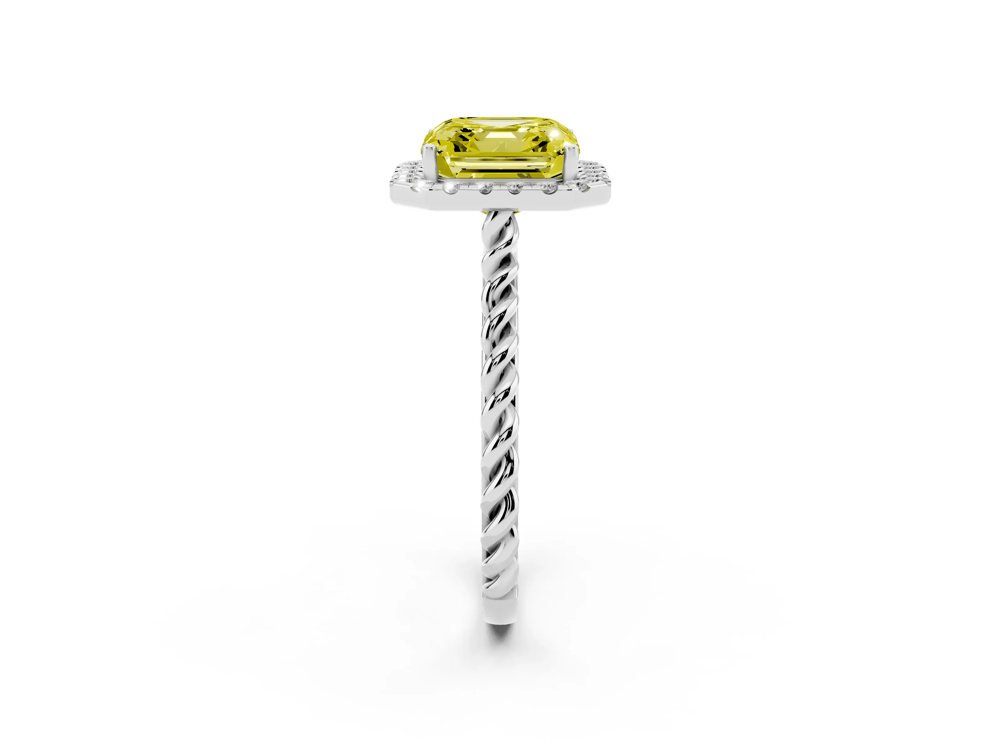 Fancy Yellow Asscher Cut Diamond Halo Ring Set in Platinum with Plain Twisted Band