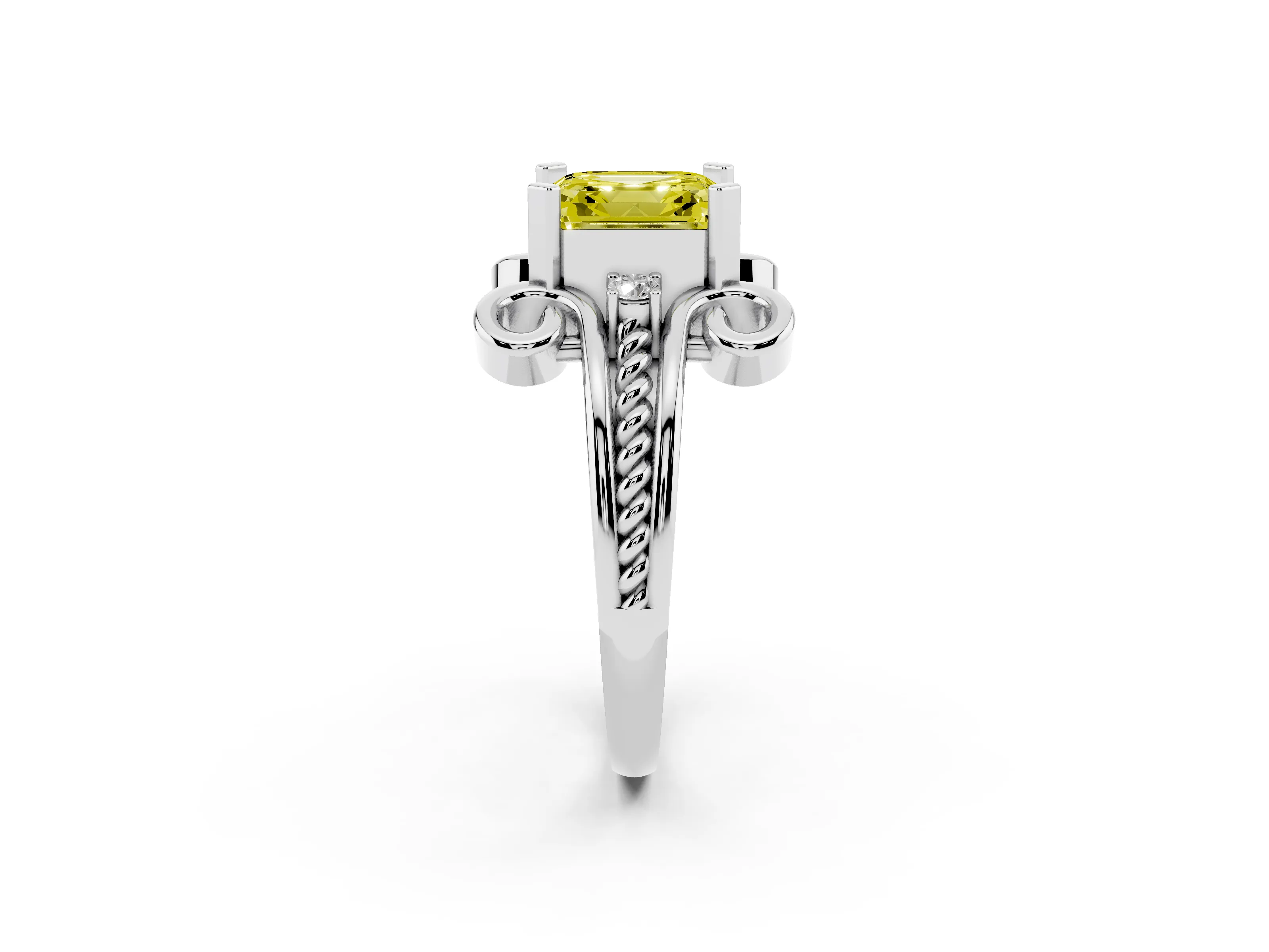 Fancy Yellow Asscher Cut Diamond Twisted Band Solitaire Ring Set in Platinum with Scroll Prongs