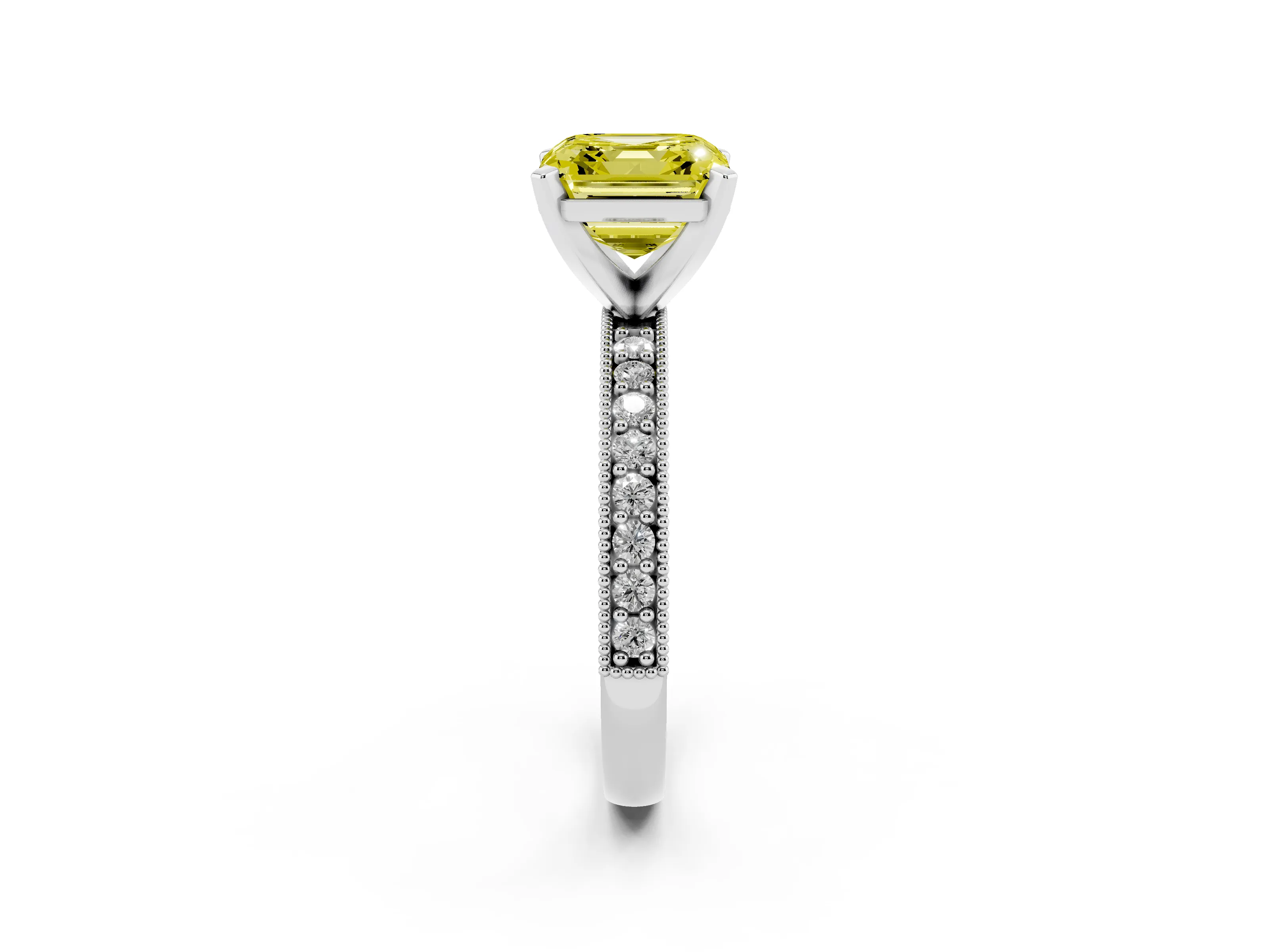 Fancy Yellow Asscher Cut Diamond Milgrain Pavé Engagement Ring Set in Silver with Prong Setting