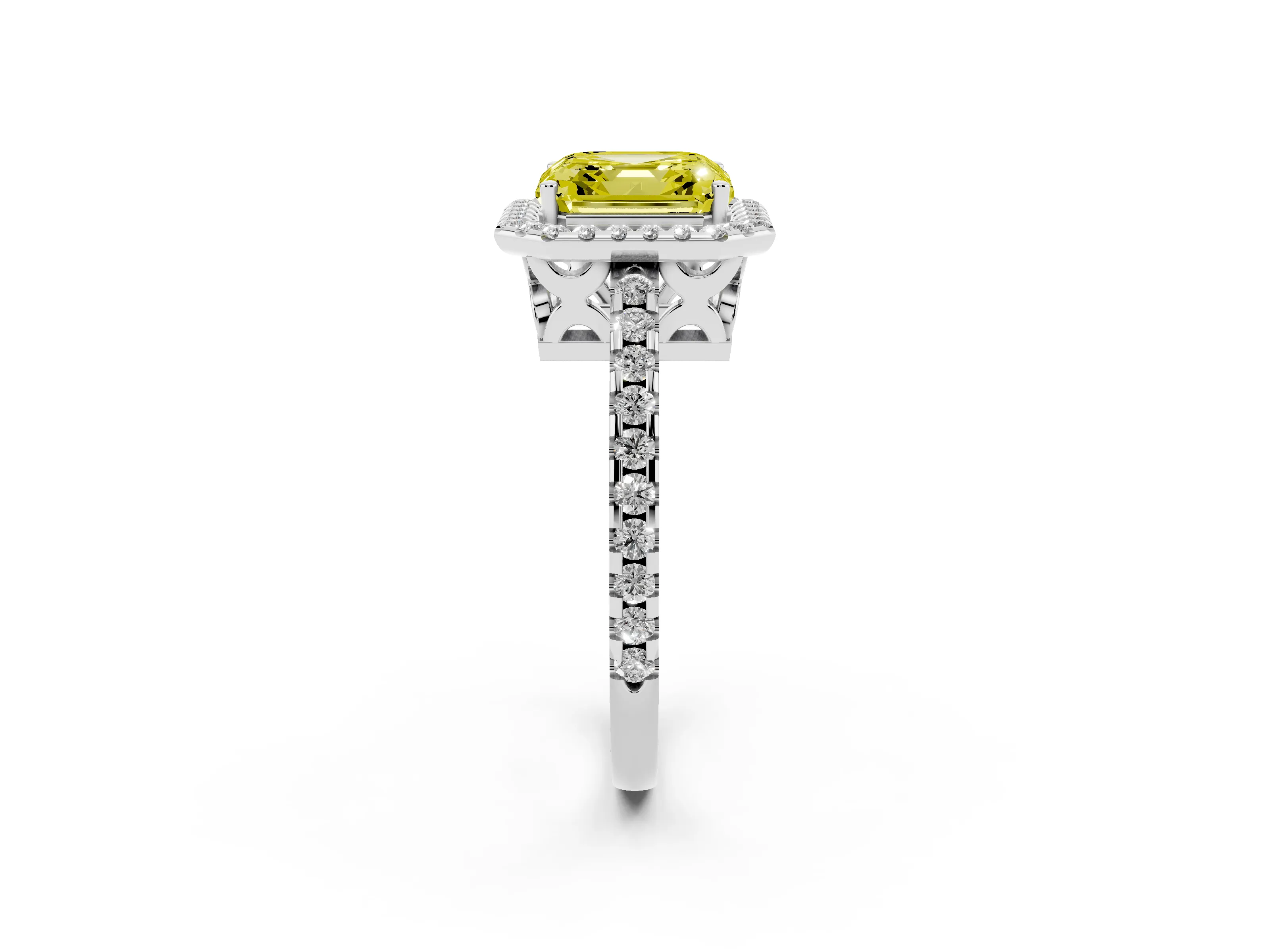 Fancy Yellow Asscher Cut Diamond Halo Ring Set in Platinum with Pavé Shoulders and Halo-Framed Center
