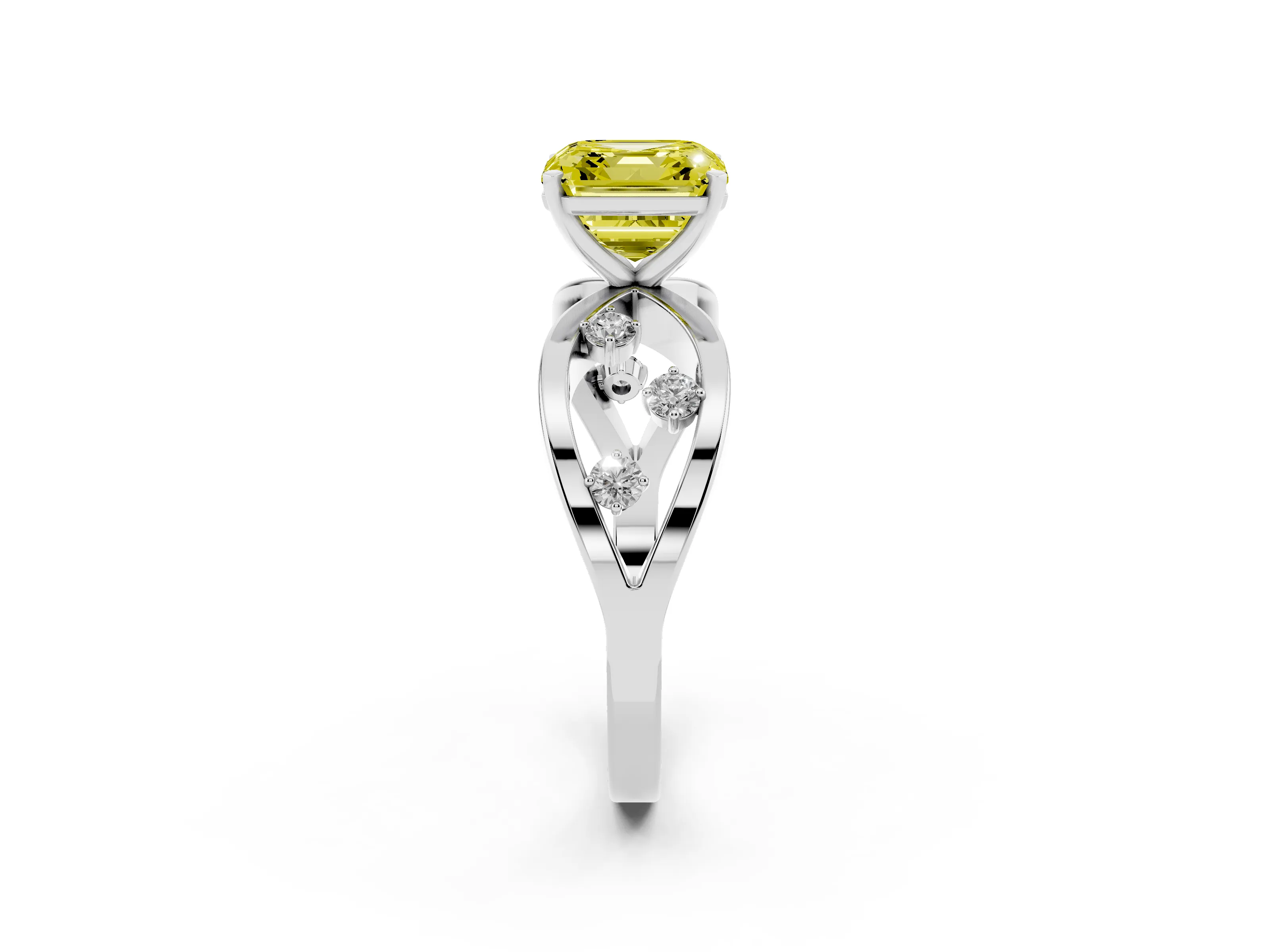 Fancy Yellow Asscher Cut Diamond Solitaire Ring Set in Silver with Side Stones on Criss-Cross Band and Prong Setting