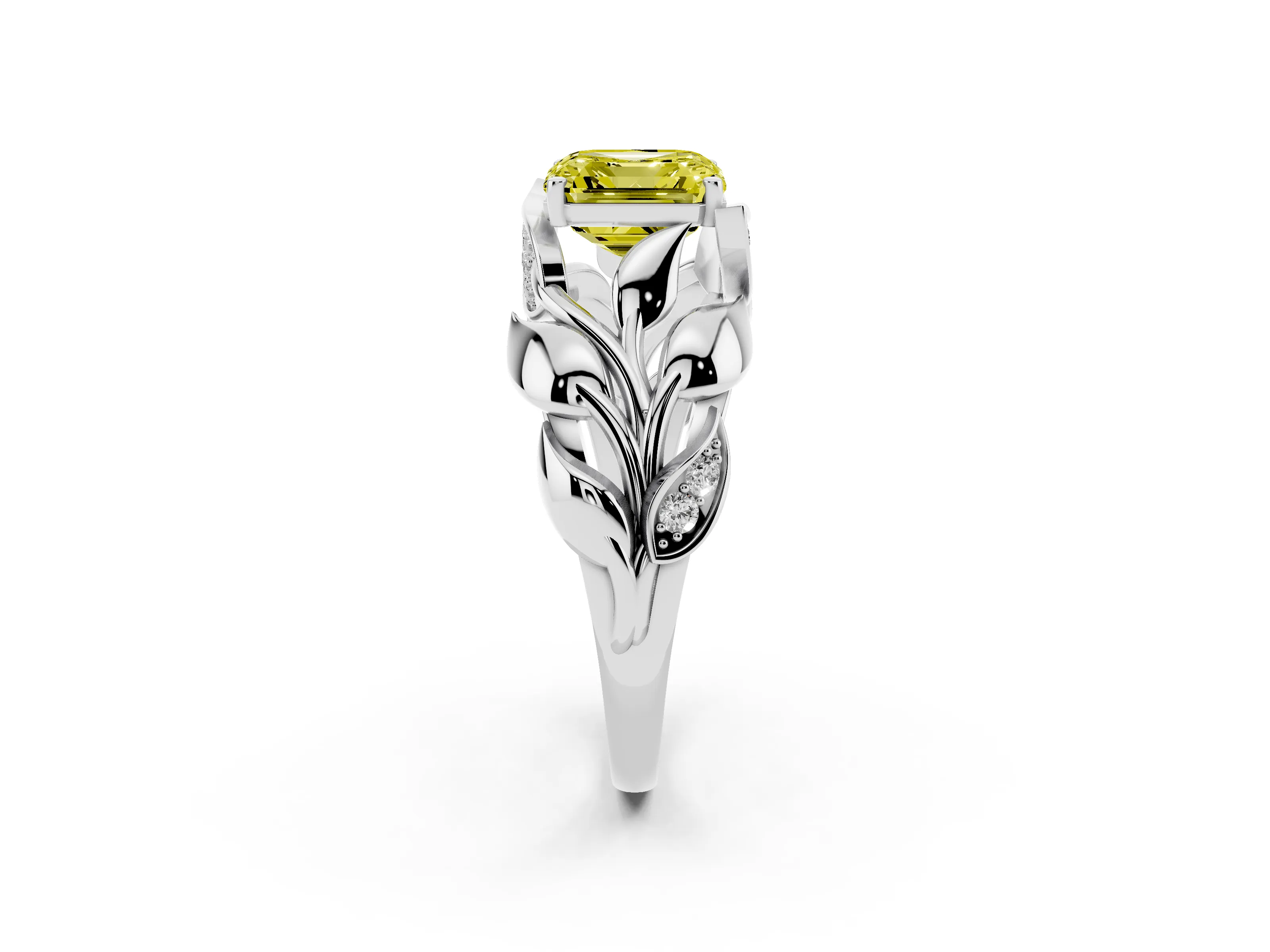 Fancy Yellow Asscher Cut Diamond Leaf-Inspired Engagement Ring Set in White gold with Round Accents