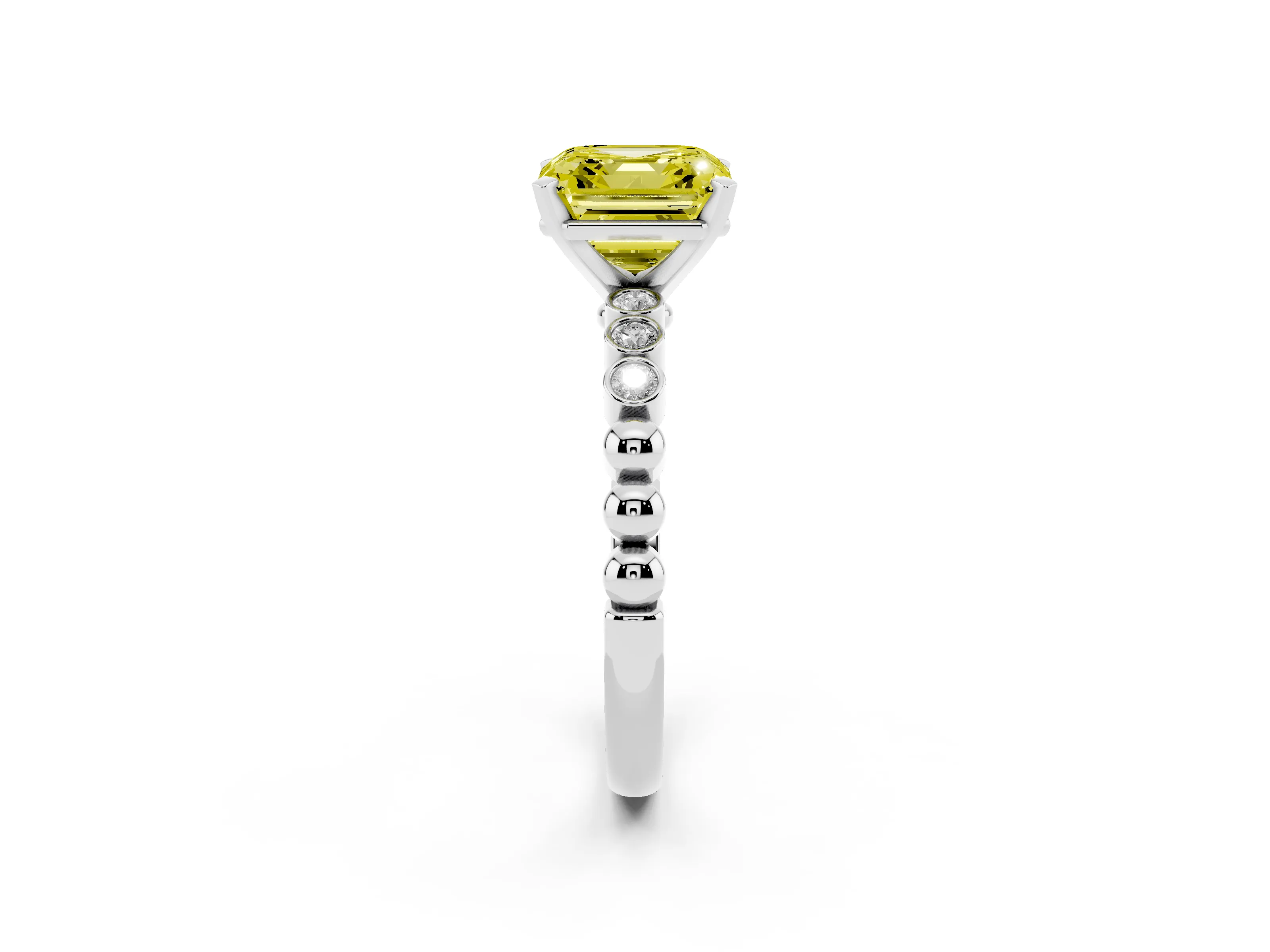 Fancy Yellow Asscher Cut Diamond Solitaire Engagement Ring Set in White gold with Bezel Accents on Beaded Band