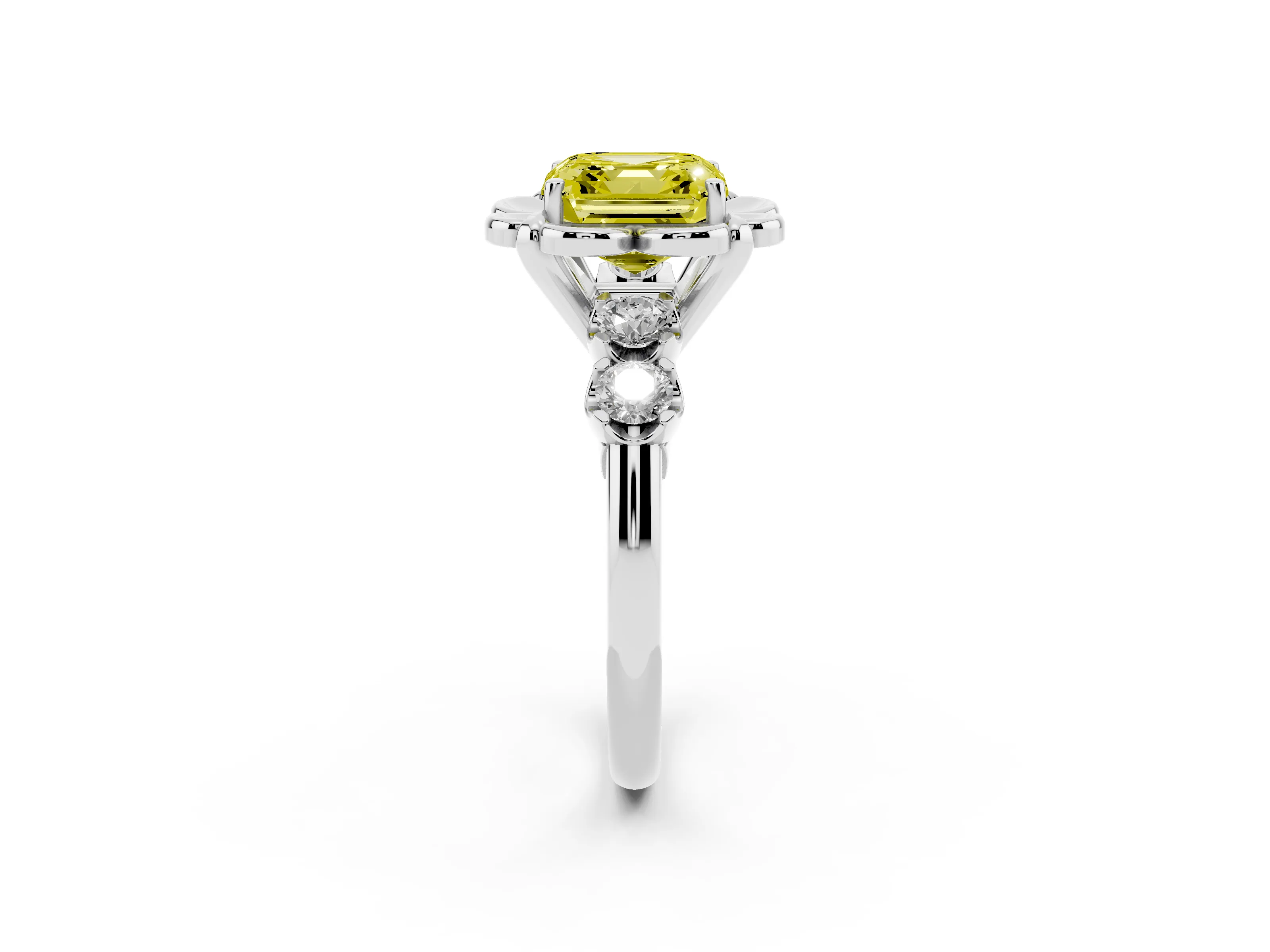 Fancy Yellow Asscher Cut Diamond Floral Halo Ring Set in Platinum with Shared Prong Band