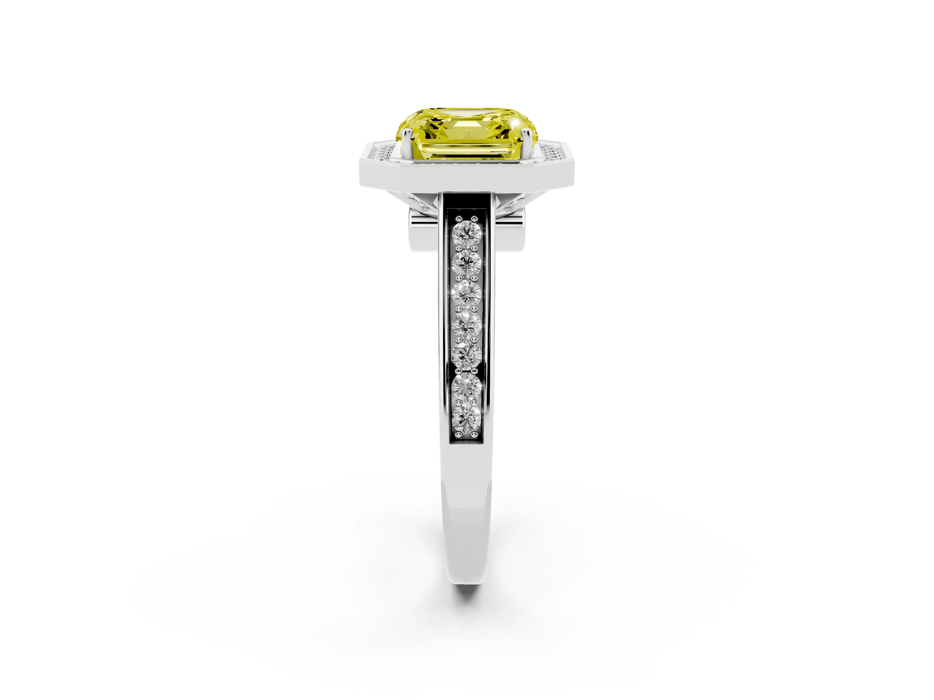 Fancy Yellow Asscher Cut Diamond Halo Solitaire Ring Set in Silver with Pavé Band and Bezel Setting