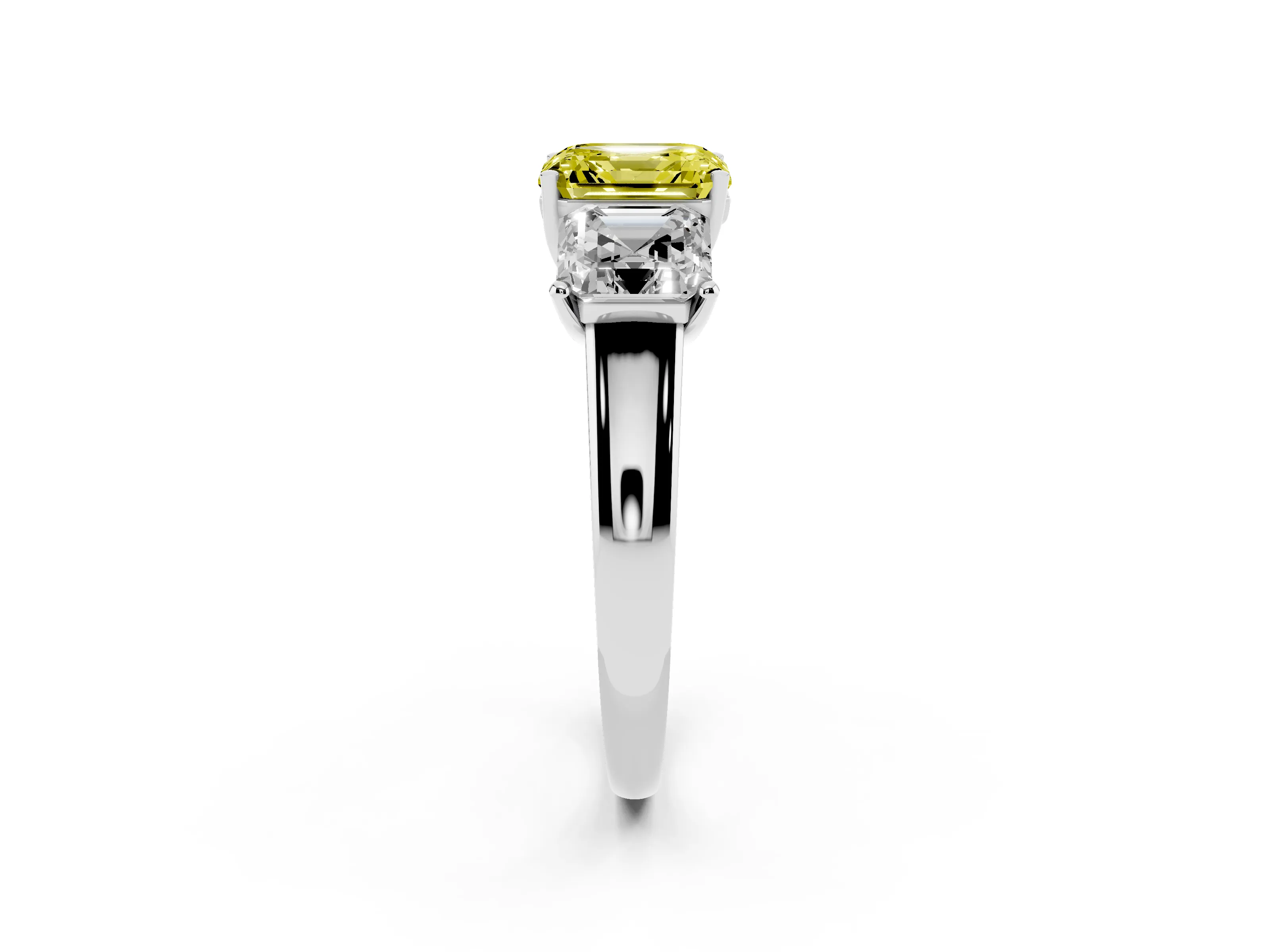 Fancy Yellow Asscher Cut Diamond Three-Stone Ring Set in Platinum with Classic Prong Setting and Plain Band
