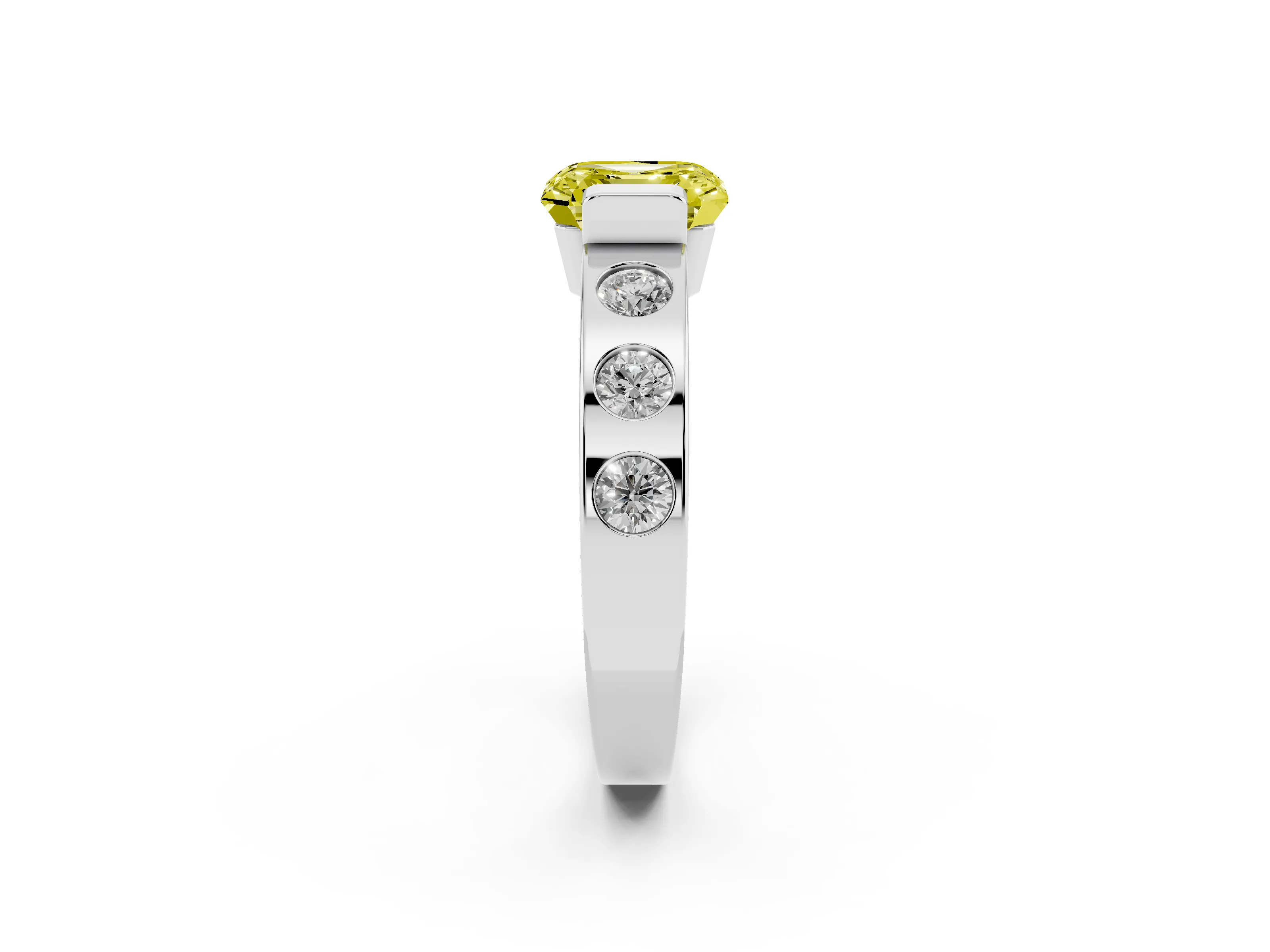 Fancy Yellow Asscher Cut Diamond Channel-Set Band Ring Set in Platinum with Bezel Prong Setting